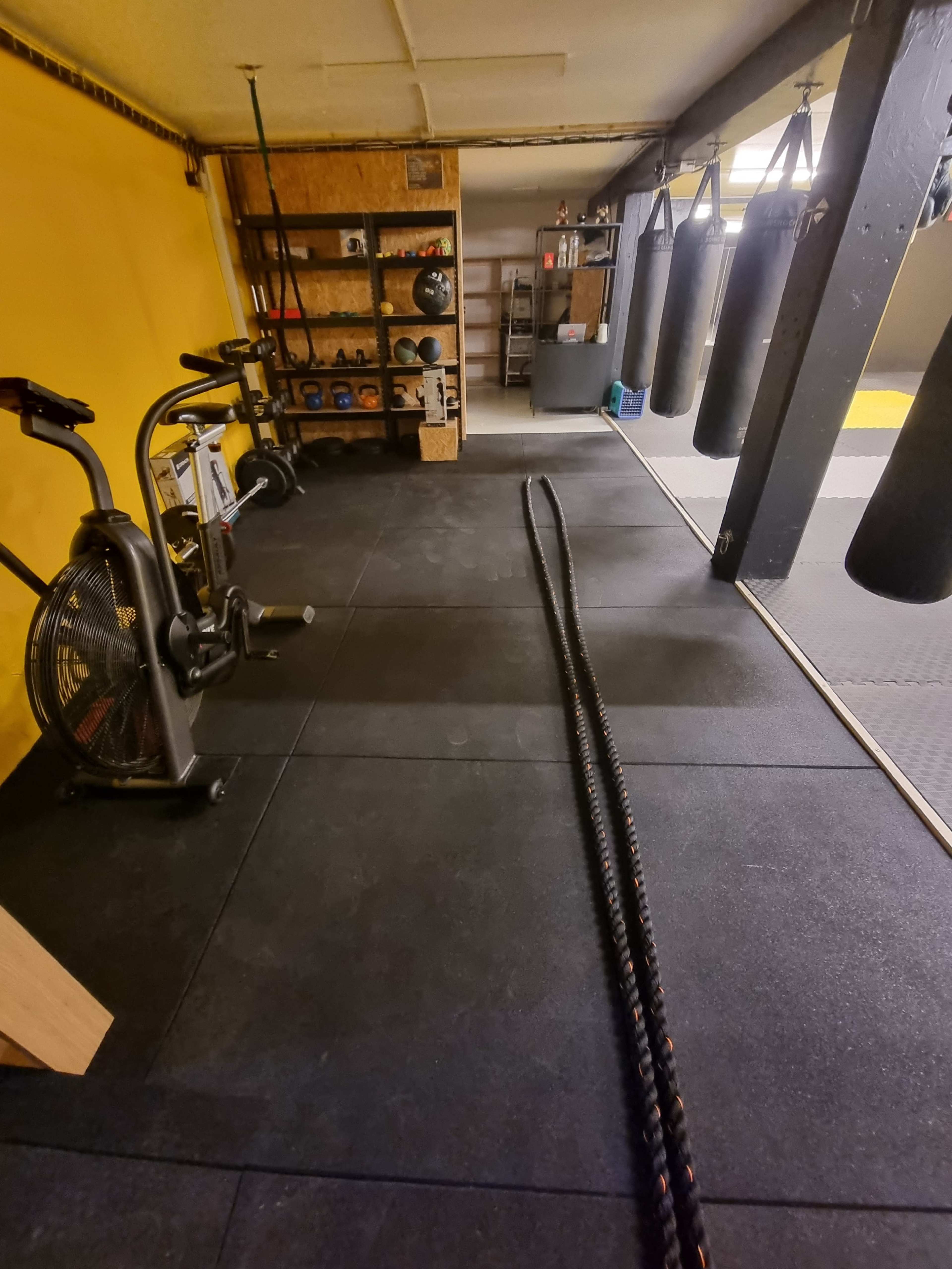 A gym interior featuring exercise equipment, including a stationary bike, battle ropes on the floor, and several punching bags hanging from the ceiling.