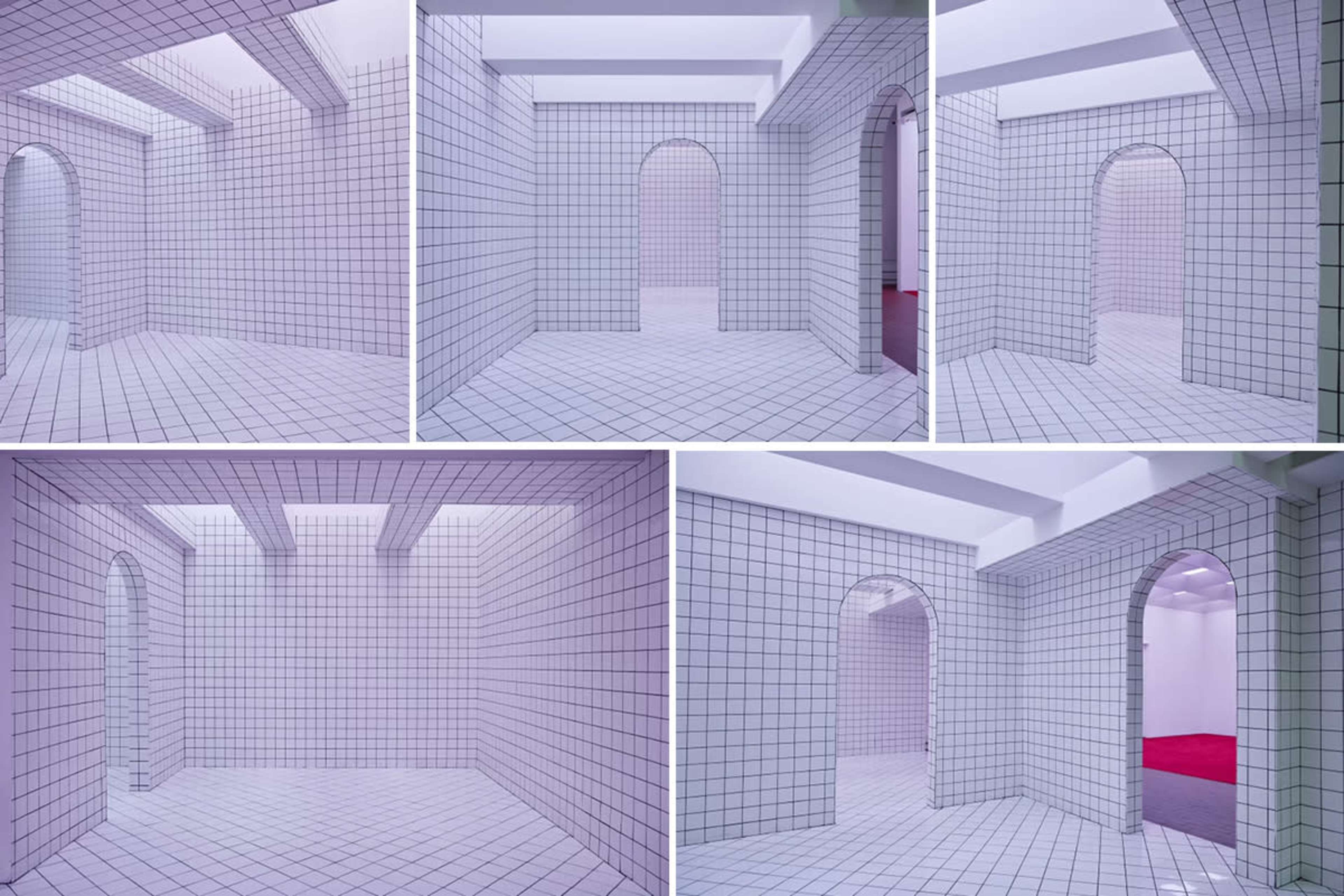 The image exhibits a series of architectural spaces with tiled walls, featuring arched doorways and a color contrast of red flooring.