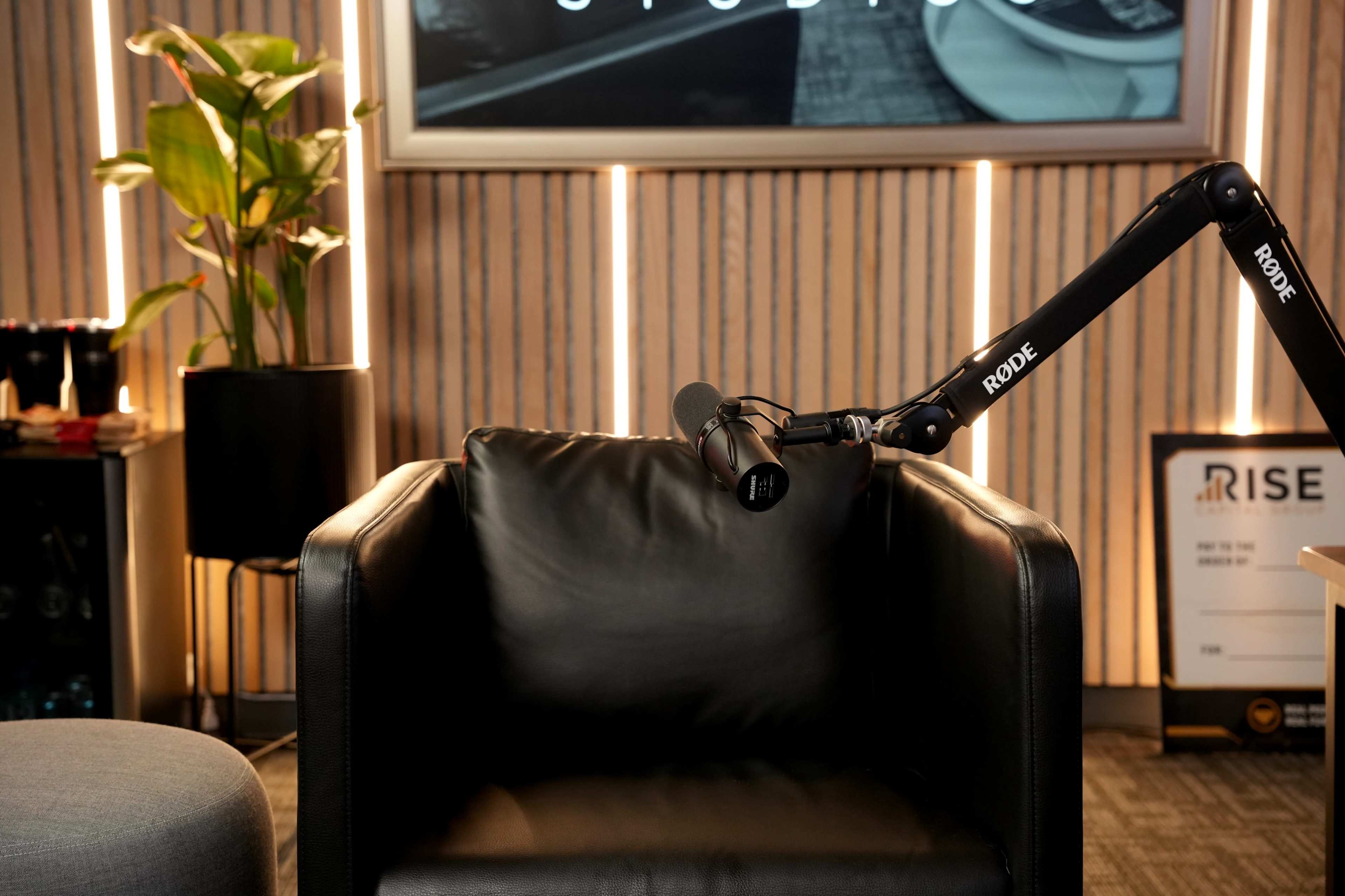 The image shows a black leather armchair next to a microphone mounted on an adjustable arm, with a potted plant and a framed sign in the background.