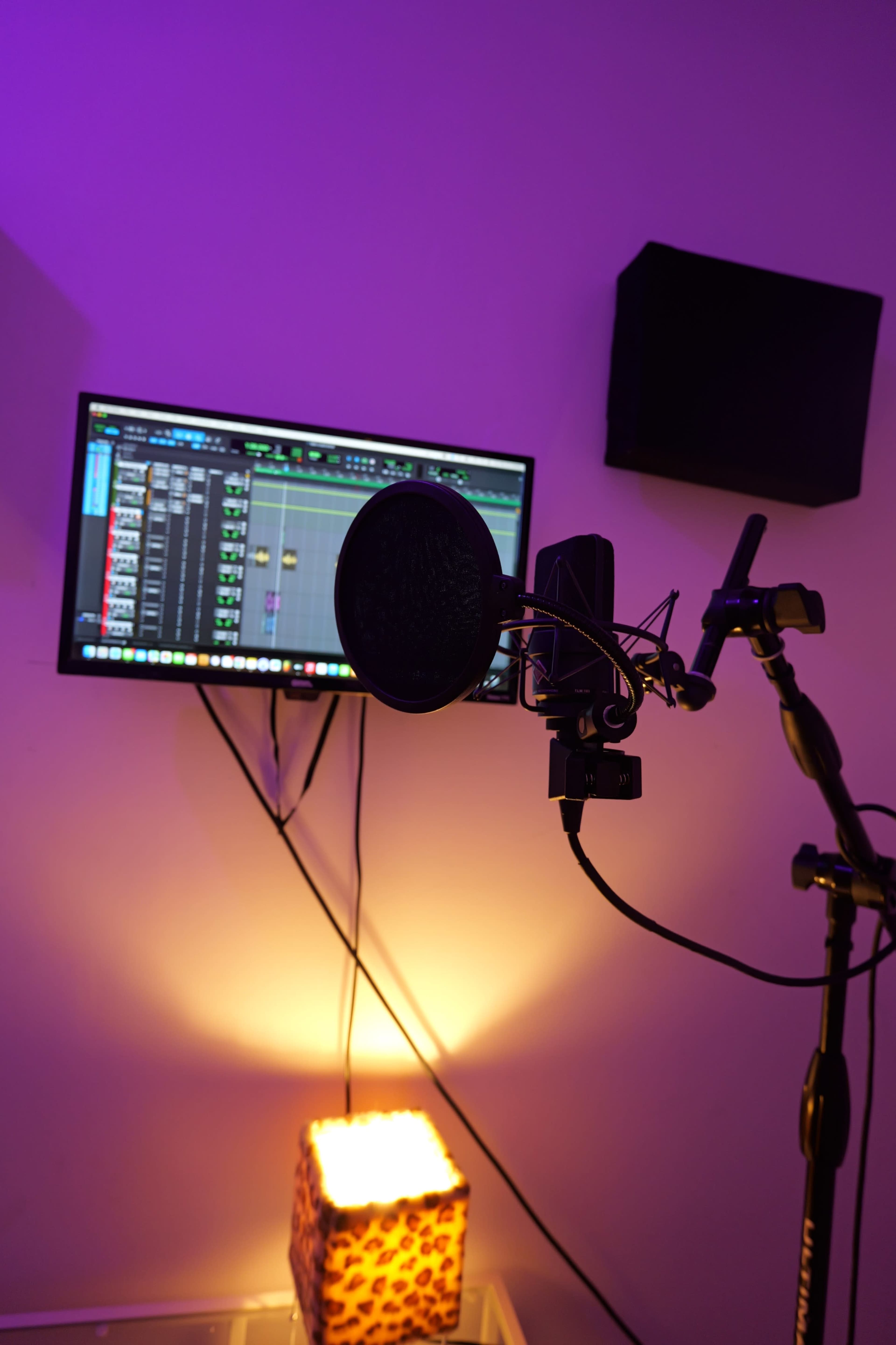 The image shows a microphone on a stand in front of a computer monitor displaying audio editing software, with ambient lighting enhancing the scene.