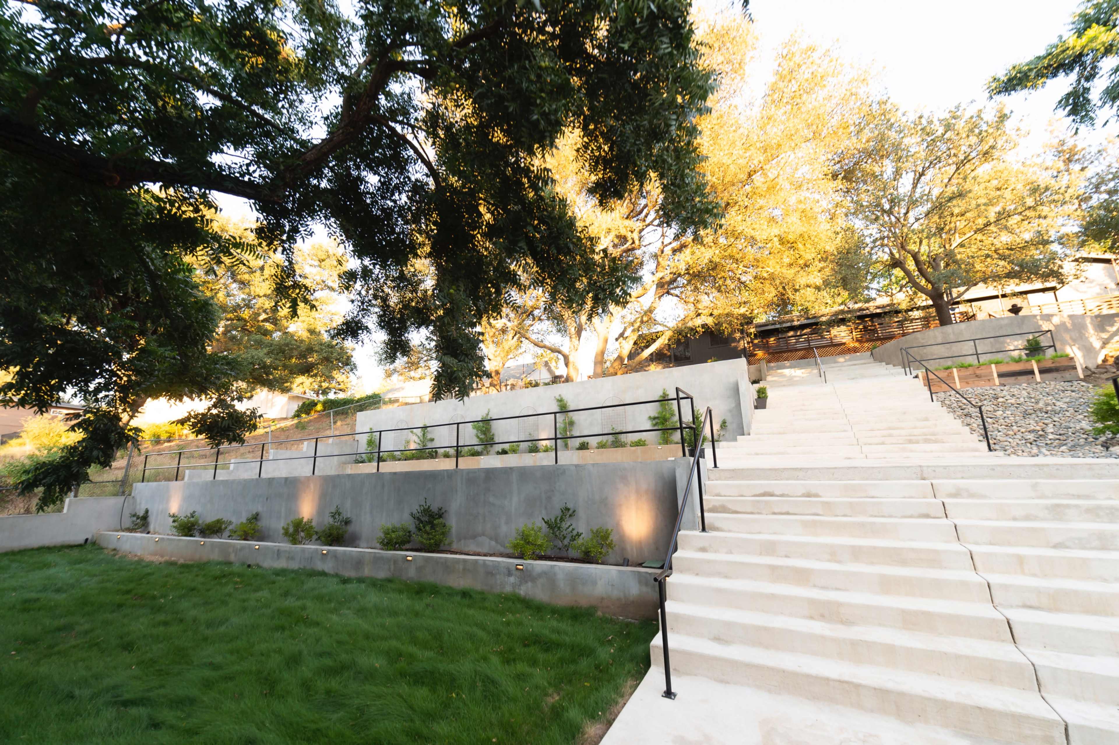 A set of wide concrete stairs leads upward through a landscaped area with trees and planted beds.