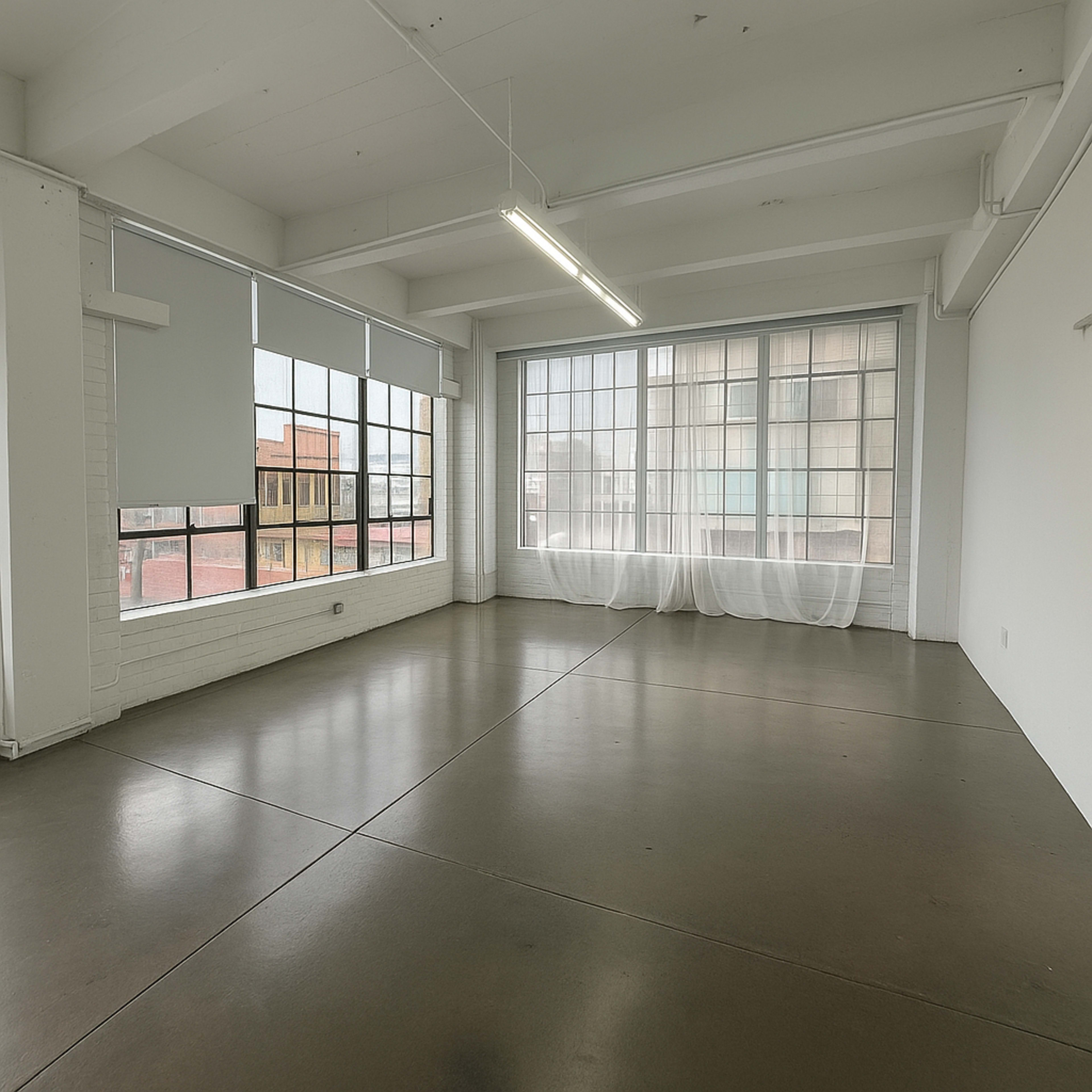 The image shows an empty room with large windows, concrete flooring, and minimal decor.