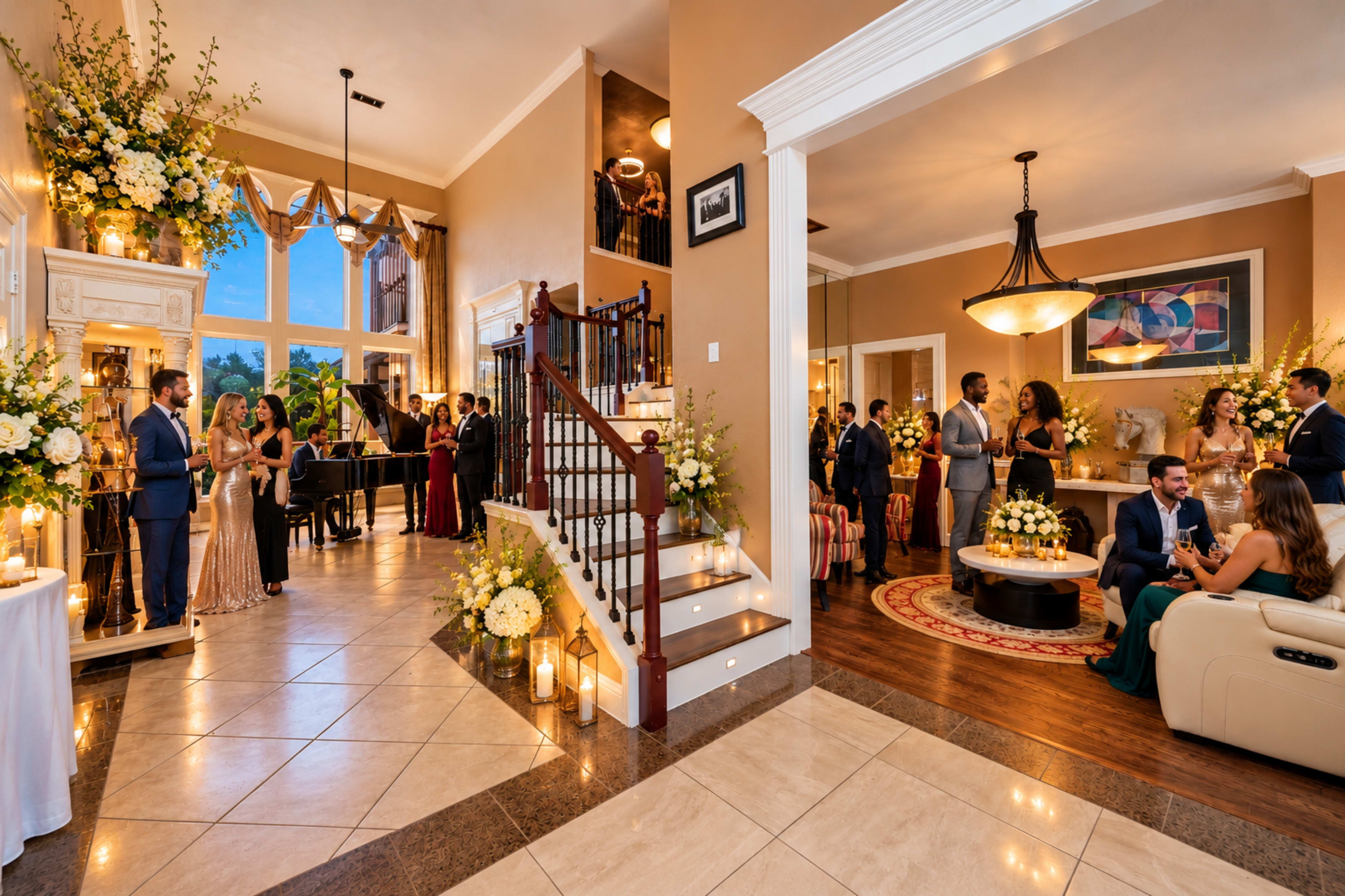 The image depicts a lavish indoor event space with guests mingling, a grand piano in the corner, and elegantly decorated stairs adorned with flowers and candles.