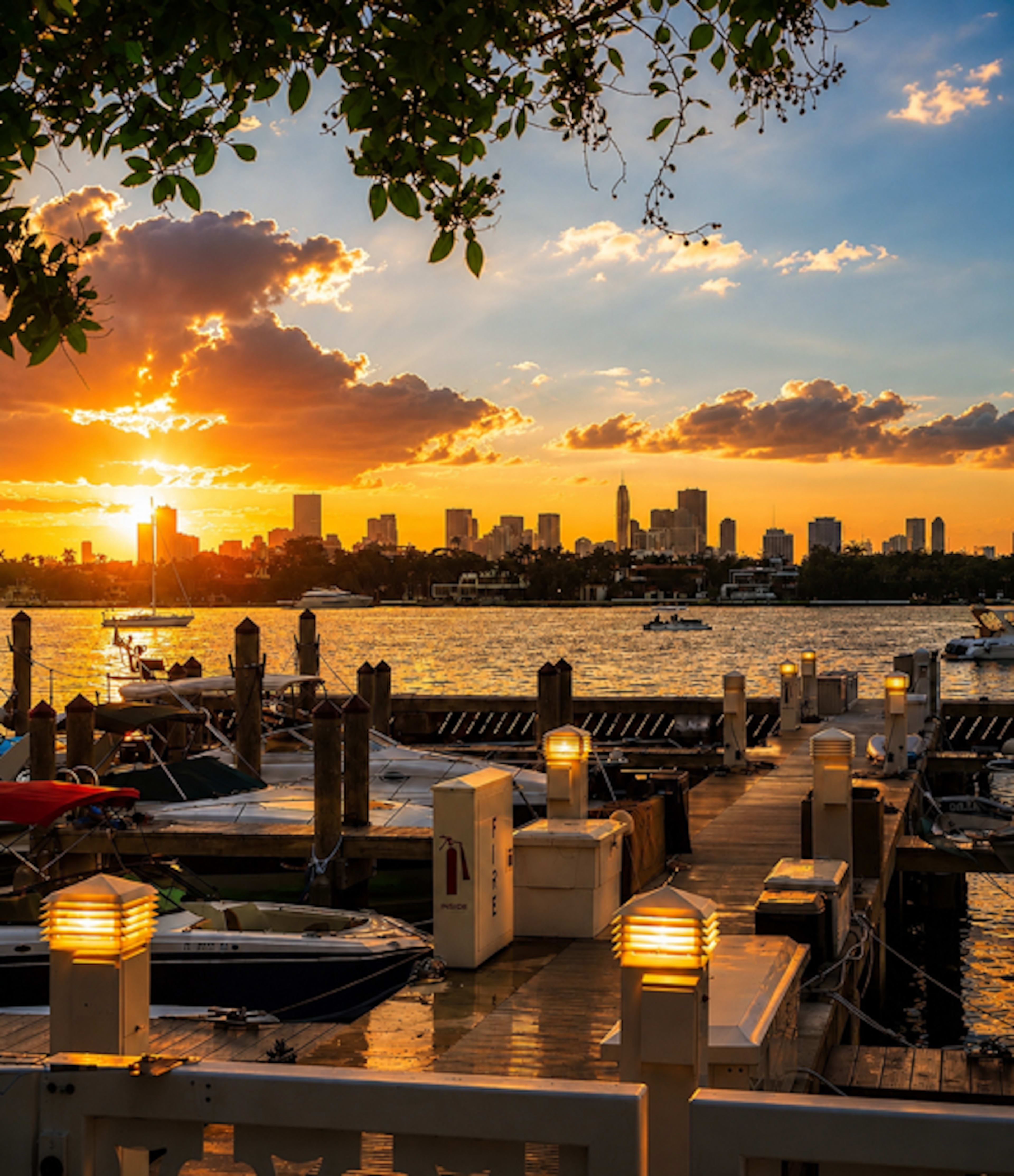 The image captures a marina at sunset, featuring boats docked in the foreground and a city skyline illuminated by warm light in the background.