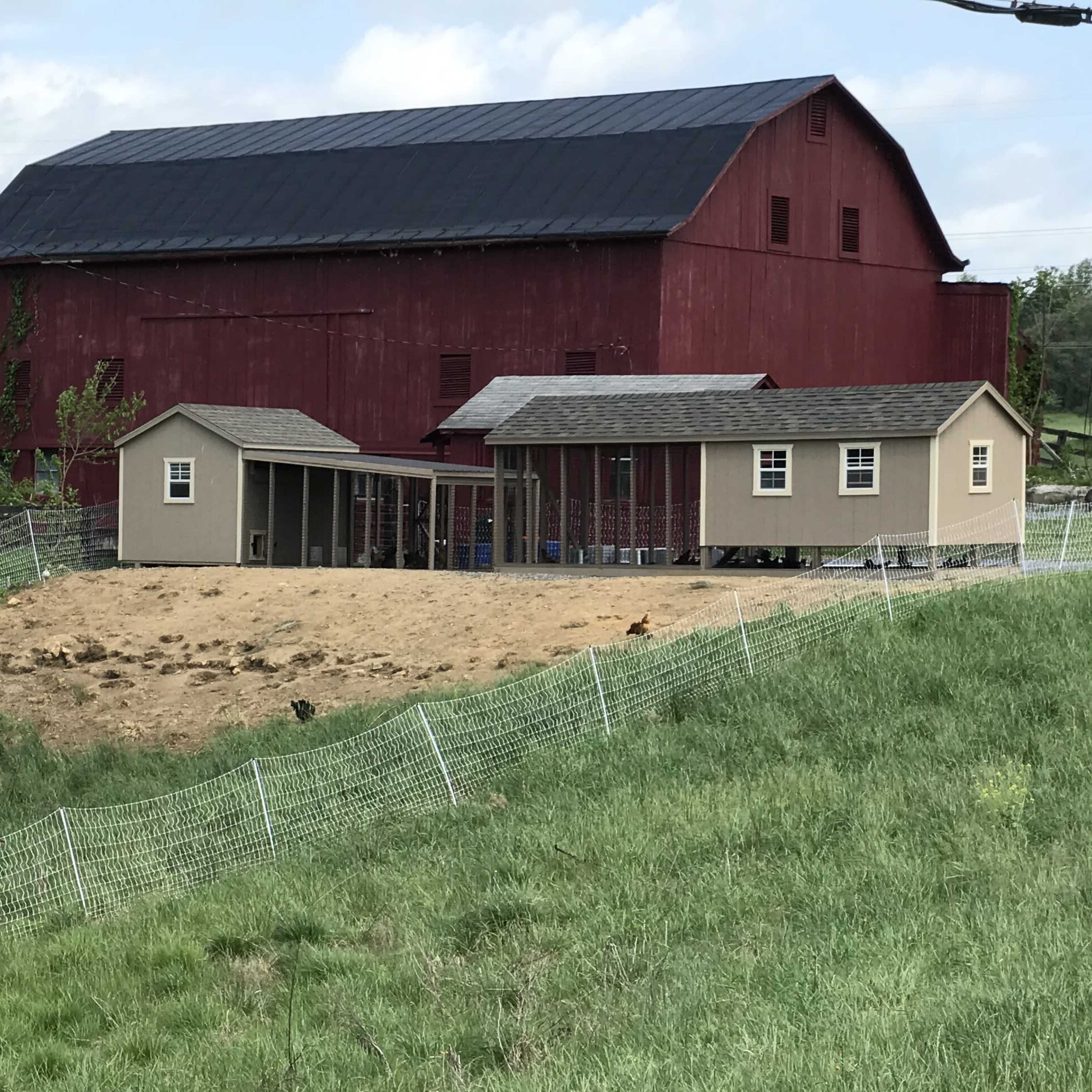A brown outbuilding with a pitched roof is situated near a large red barn on a grassy field.