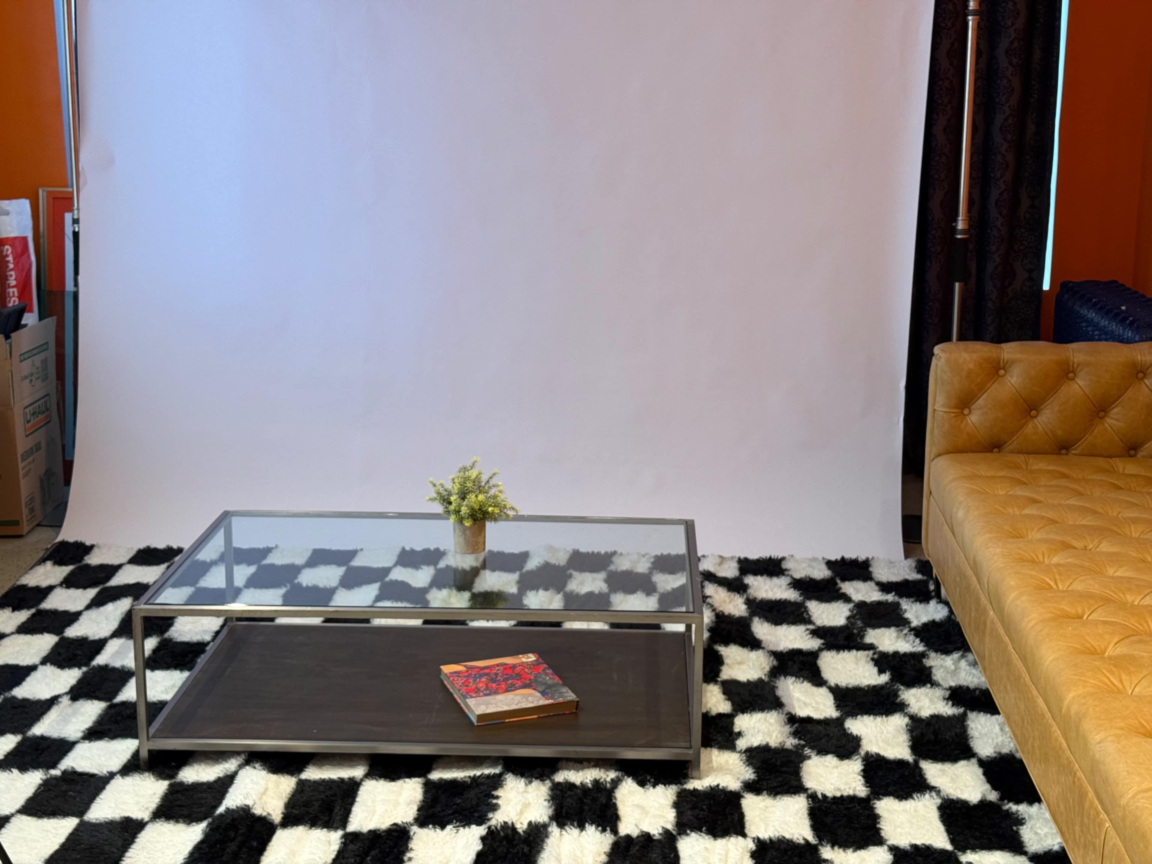The image shows a glass-top coffee table with a small potted plant and a colorful book on a black and white patterned rug, beside a tan tufted sofa against a plain white backdrop.