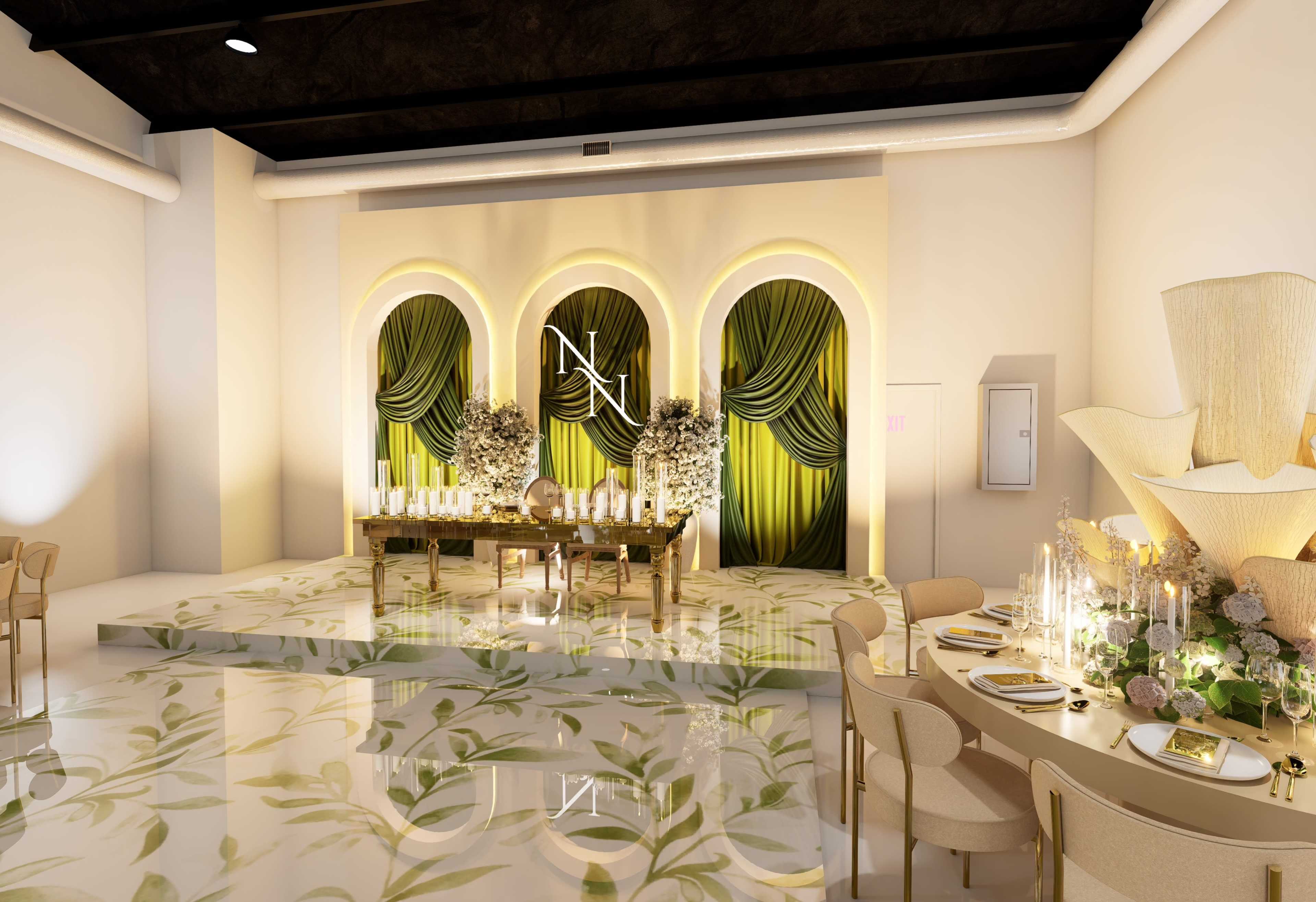 The image shows a elegantly decorated event space featuring tables with floral arrangements, golden accents, and a backdrop with green drapery and the initials "NL."