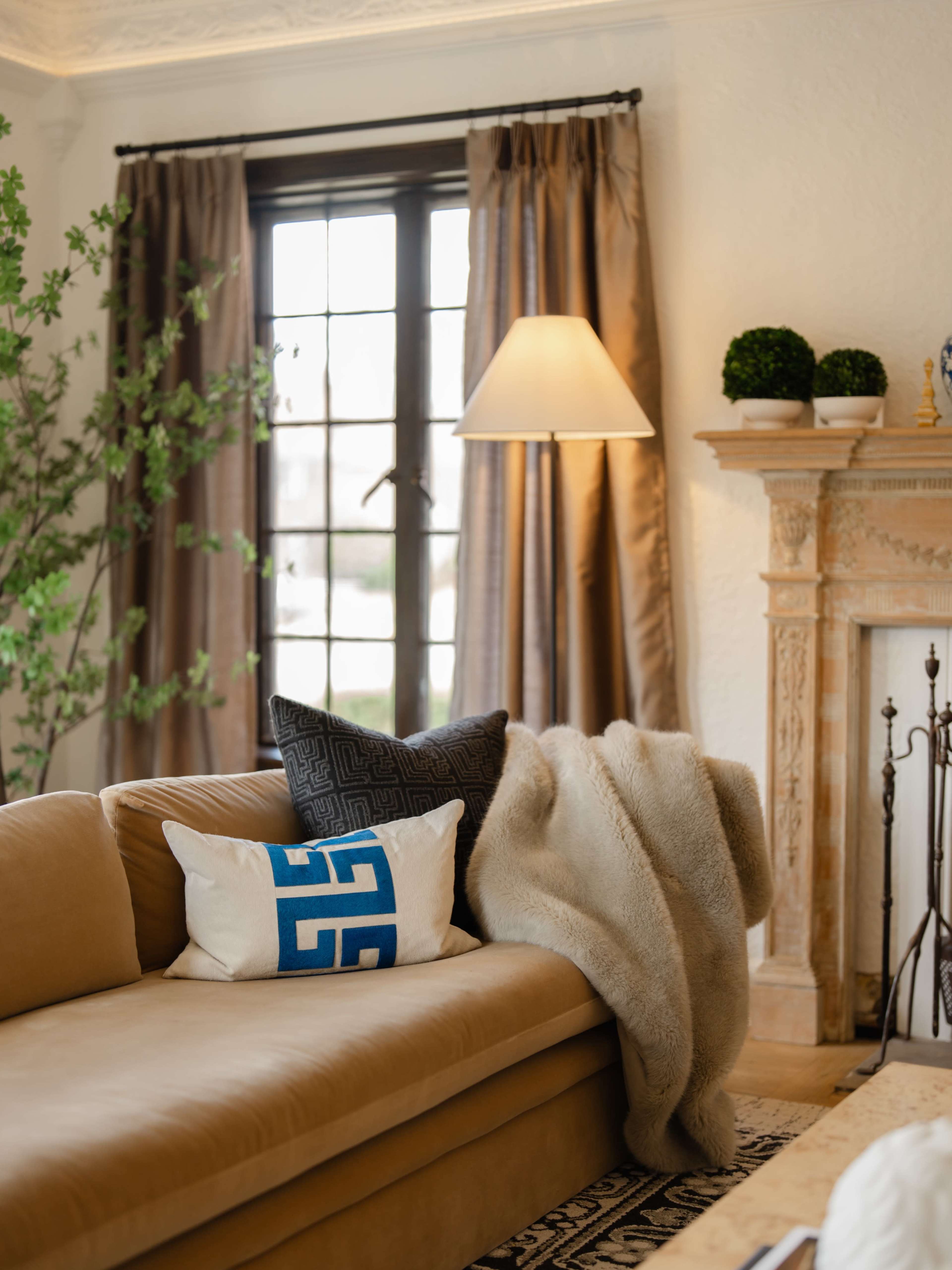 A tan leather sofa adorned with decorative pillows and a soft throw blanket is positioned near a window, with a lamp and potted plants in the background.