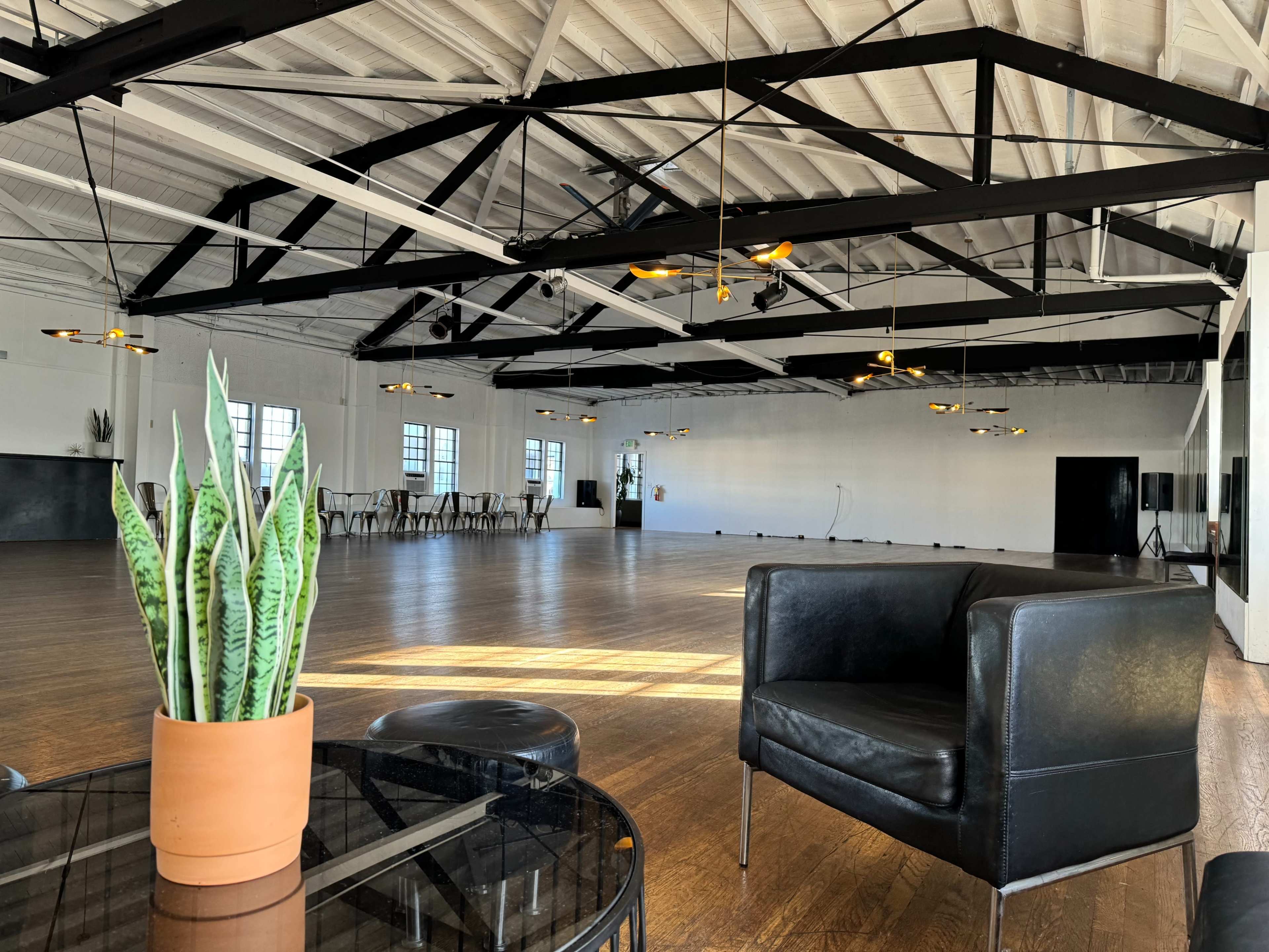 A spacious hall with wooden floors and exposed beams features chairs and tables at one end, while a potted plant sits on a table in the foreground.