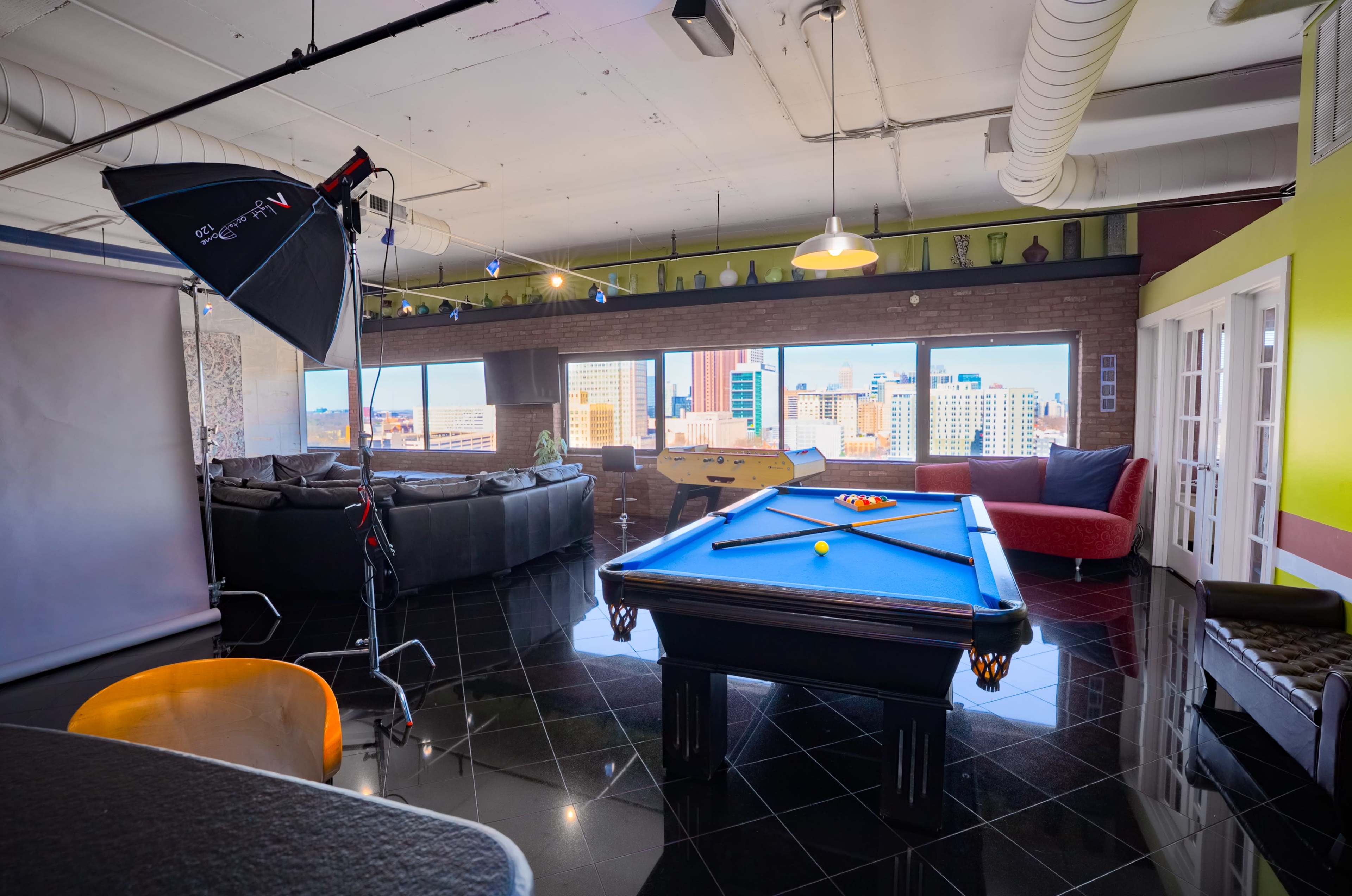 Skyline Loft Production Studio Setup, Game Lounge & Theater – Natural Light Image in Downtown Atlanta, Atlanta, GA