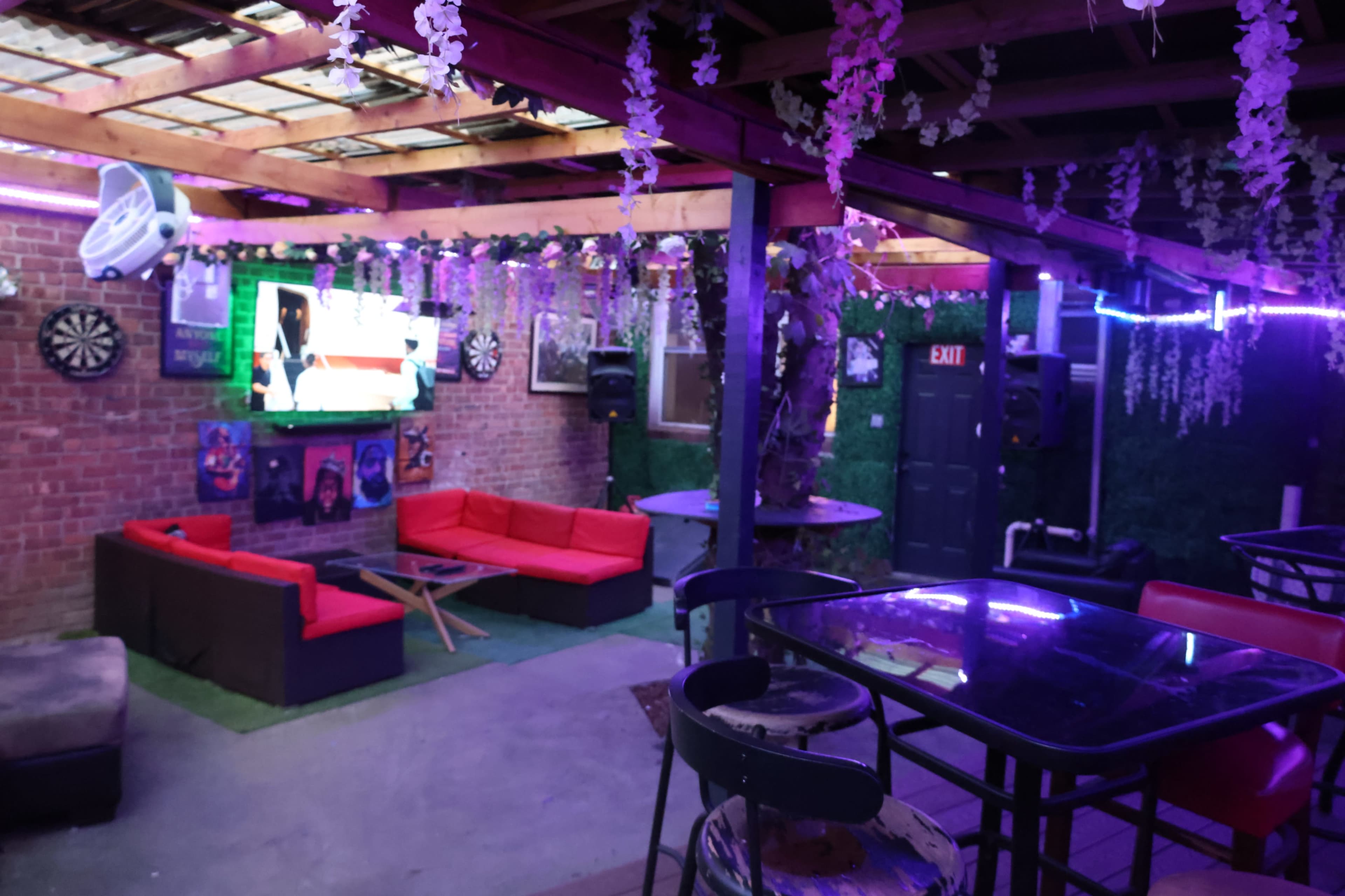 The image shows a dimly lit indoor space with a bar area, red sofas, a television displaying sports, and decorative elements such as hanging plants and dart boards.