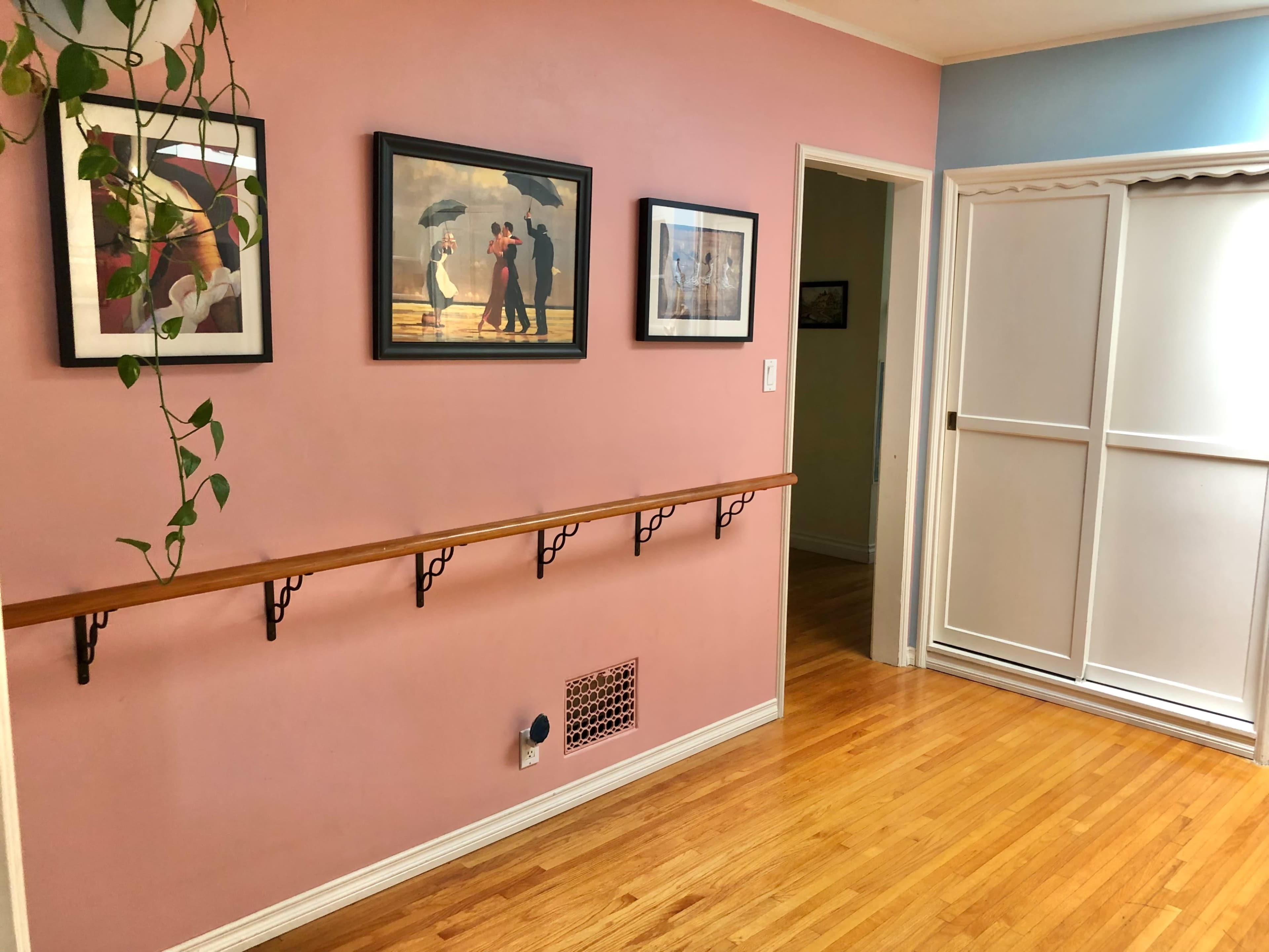 The image shows a hallway with pink walls featuring framed artwork, a wooden ledge along one side, and a closet with sliding doors at the end.