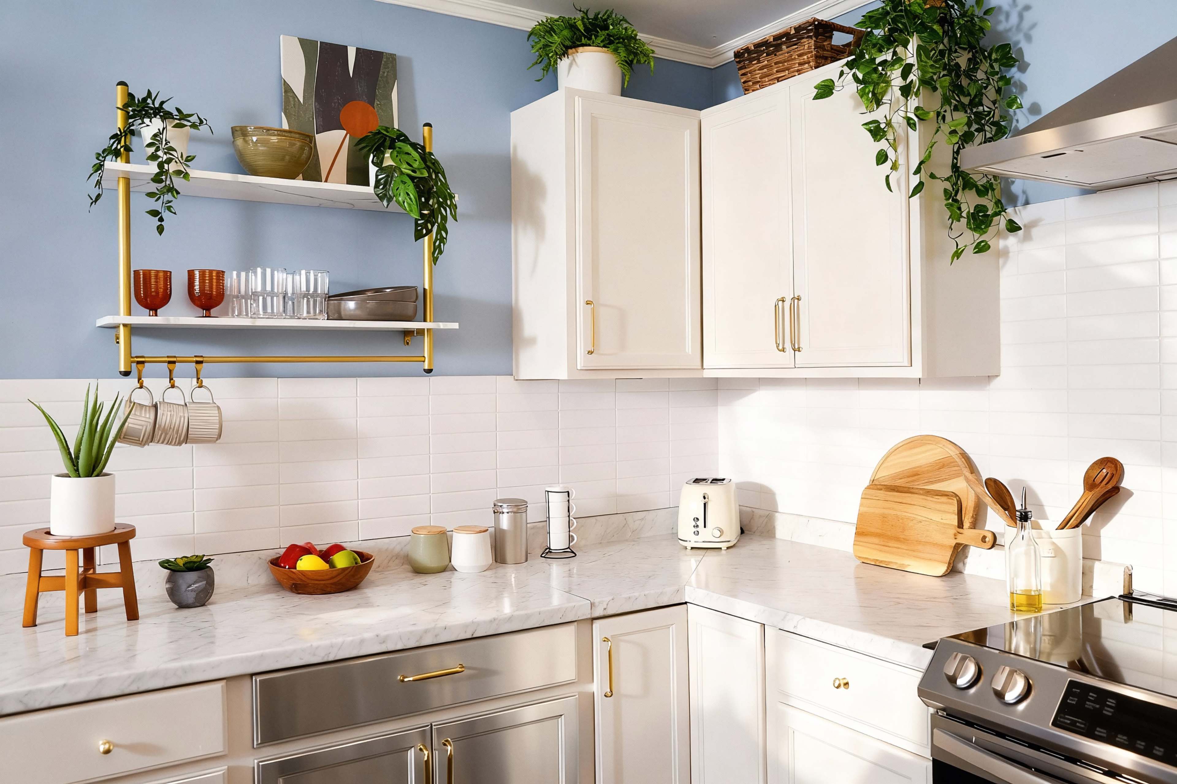 A modern kitchen features white cabinetry, a marble countertop, and open shelving displaying various kitchen items and plants.