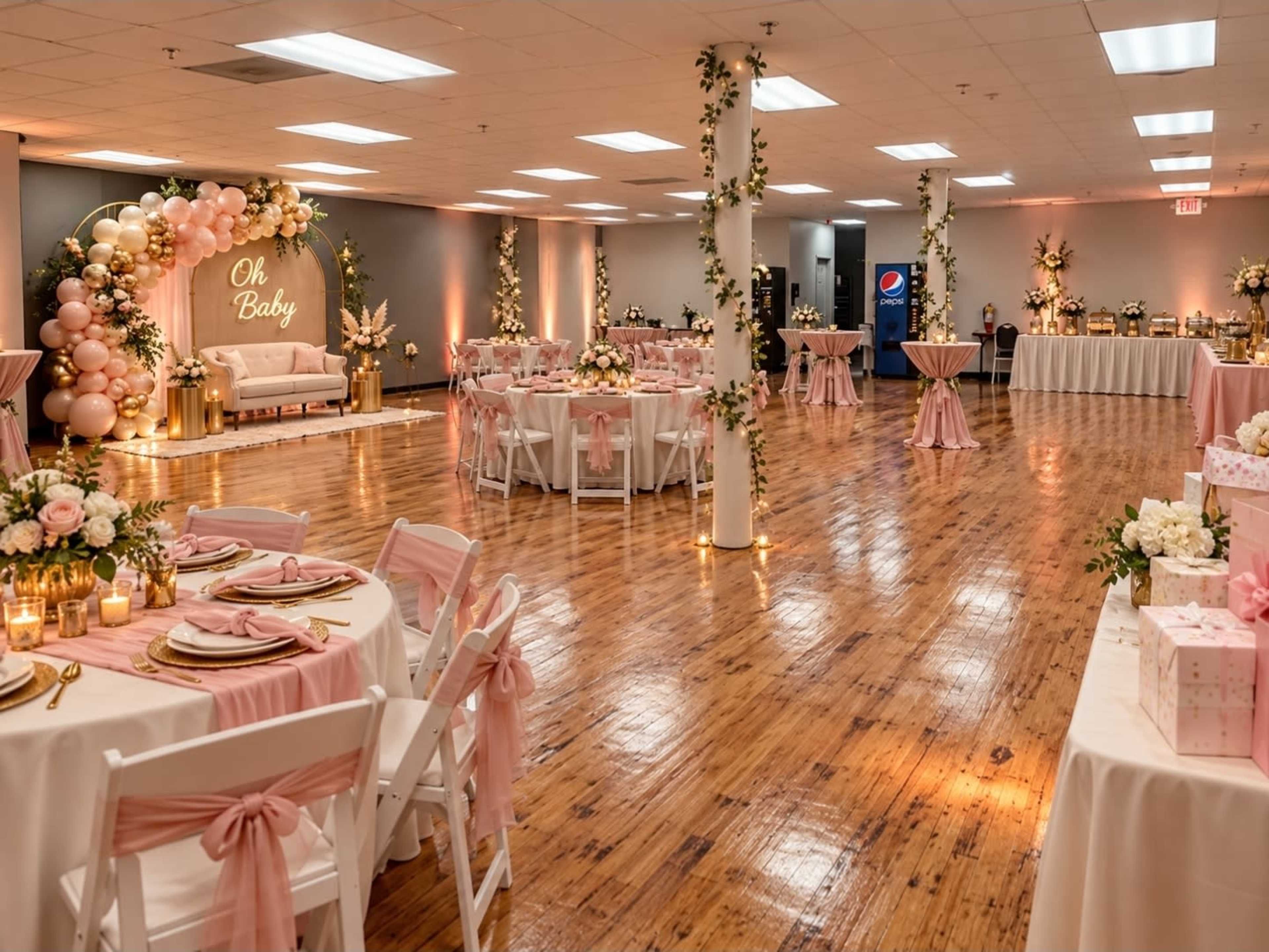 A spacious banquet hall is elegantly decorated for a celebration, featuring tables set with pink linens and floral centerpieces, a lounge area with a lighted backdrop, and soft lighting creating a warm atmosphere.
