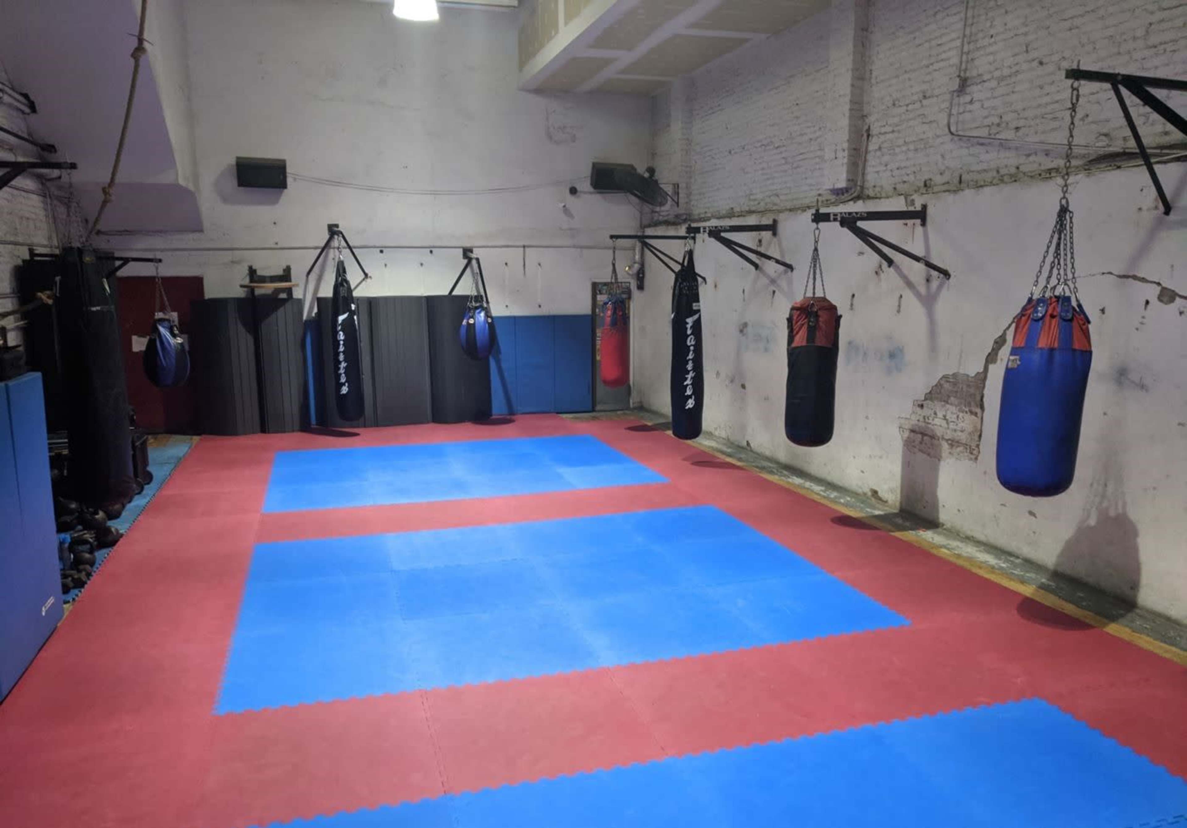 The image shows a boxing gym with blue and red mats and several hanging punching bags along the walls.