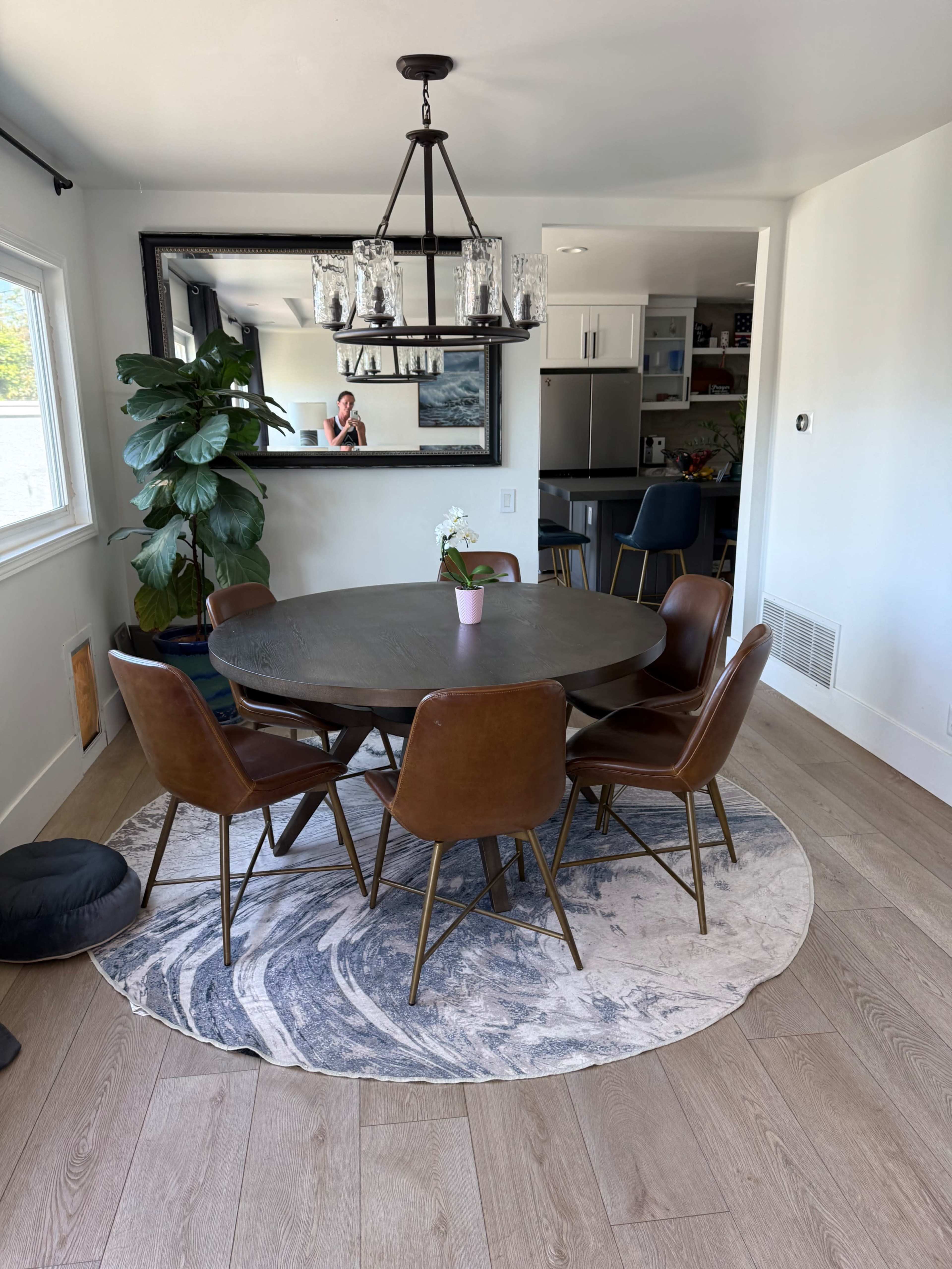A round dining table with six chairs is situated on a circular rug in a bright dining area featuring a large mirror and a potted plant.