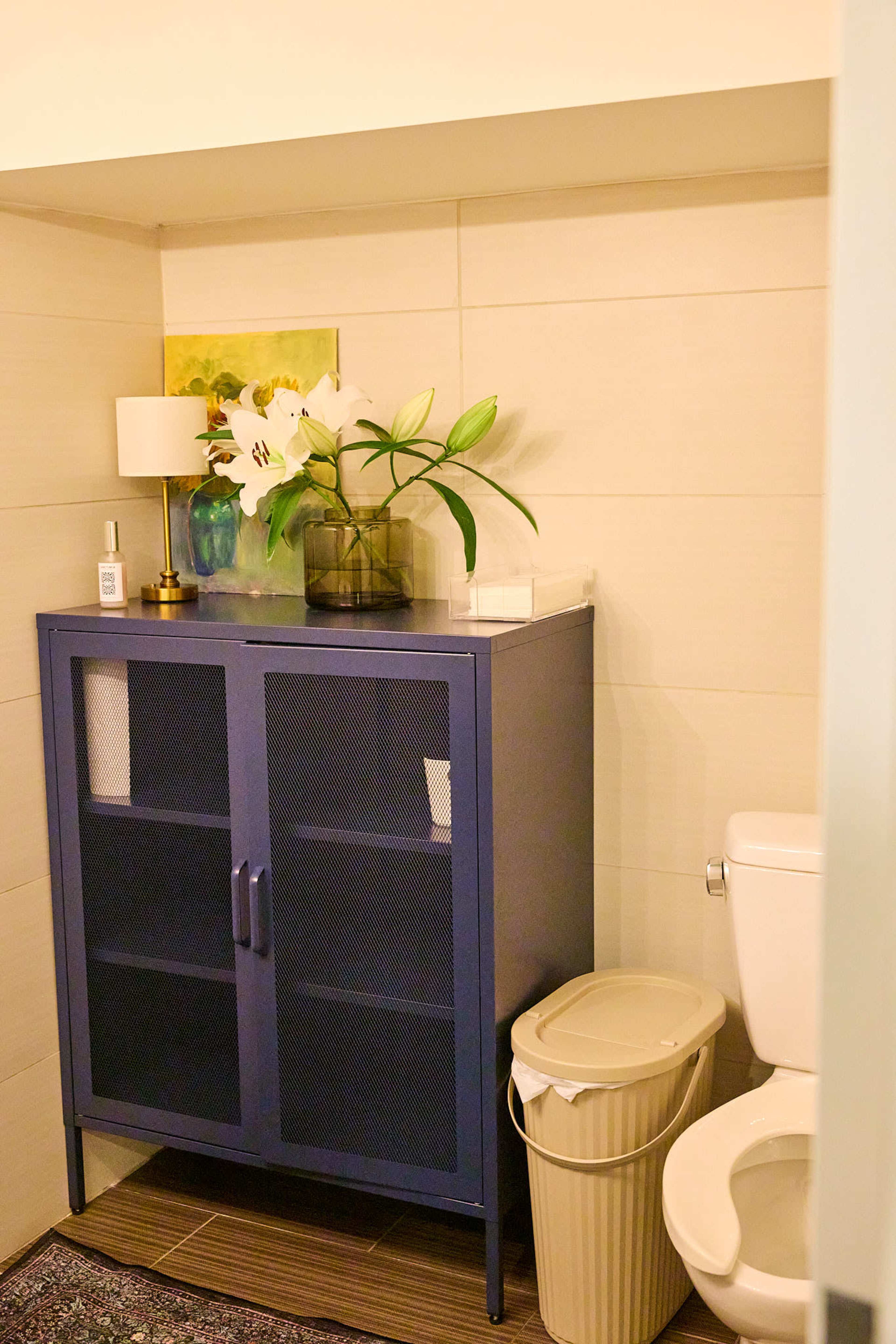 A bathroom features a blue cabinet with mesh doors next to a white toilet, with a lamp and decorative plants arranged on top.