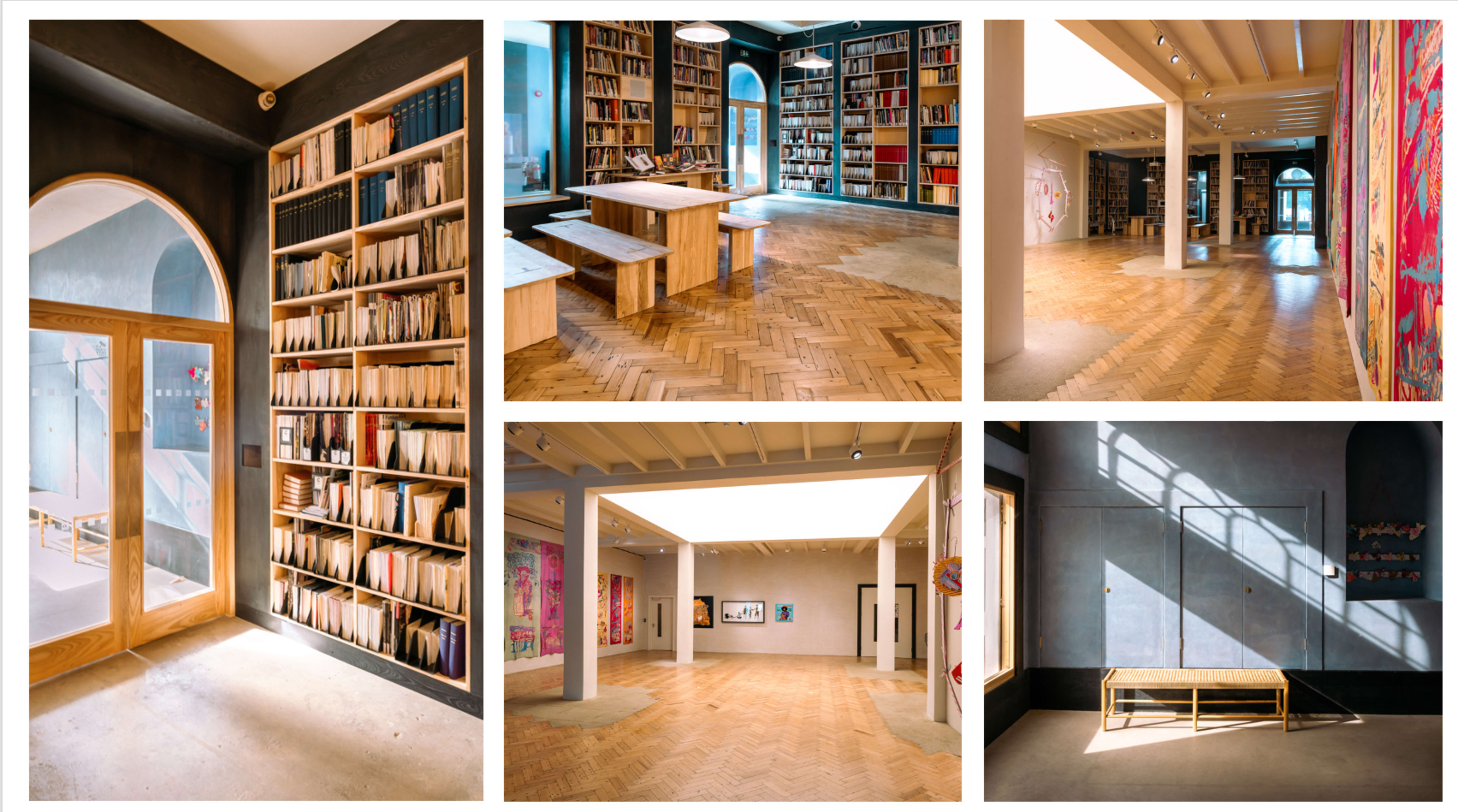 A modern interior space featuring wooden flooring, bookshelves filled with files, and areas designated for exhibitions and reading.