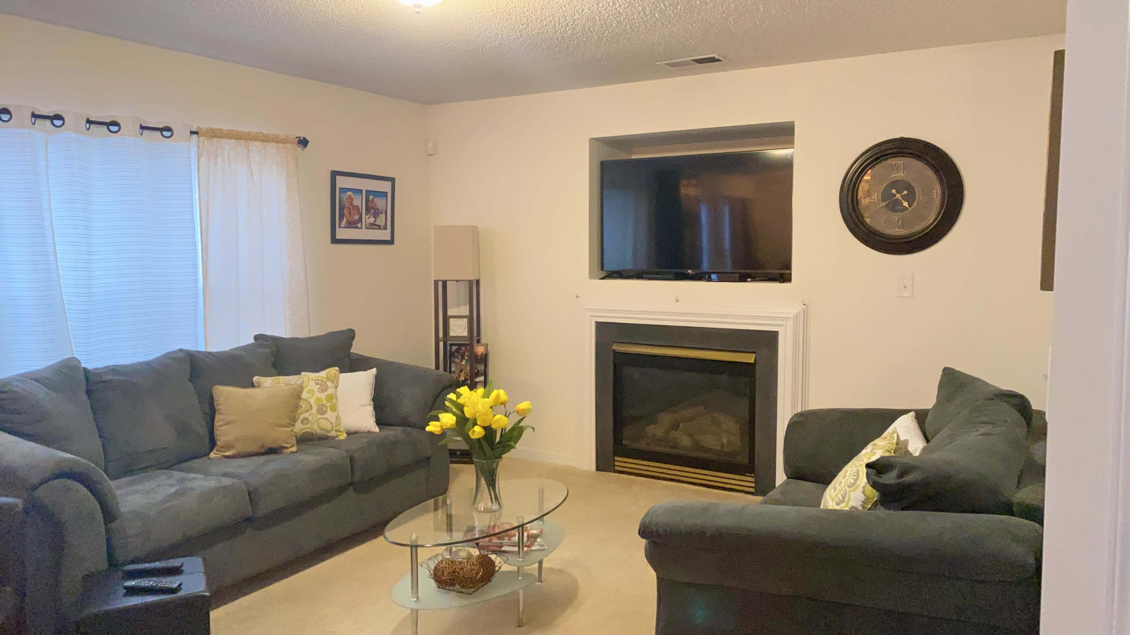 The living room features two gray sofas facing a glass coffee table, with a fireplace and a television mounted above it.