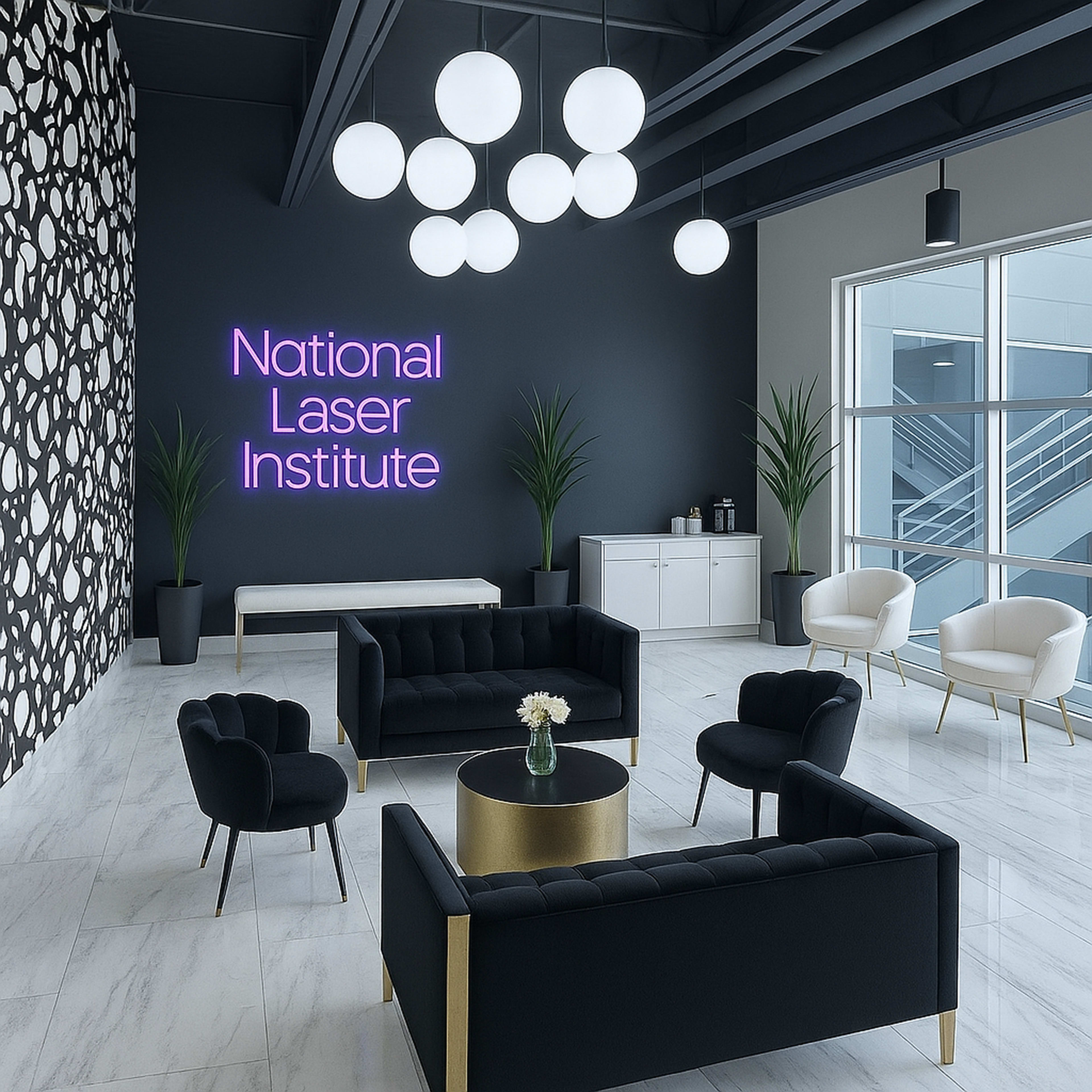 The image shows a modern reception area featuring black couches and light-colored chairs, with a neon sign that reads "National Laser Institute" against a patterned wall.