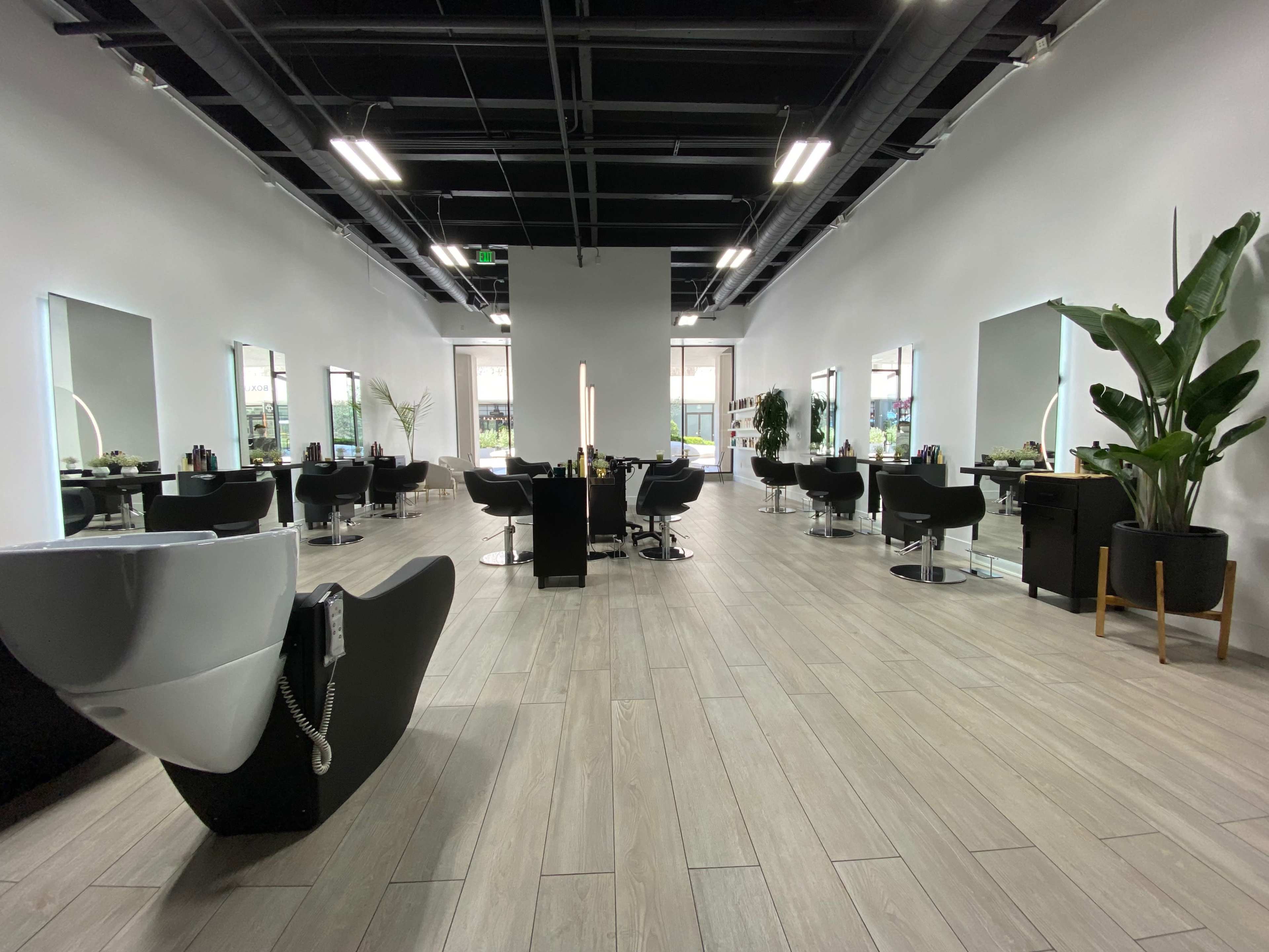 A modern hair salon with multiple styling stations, each featuring mirrors and chairs, along with a washing station on the left and large potted plants.