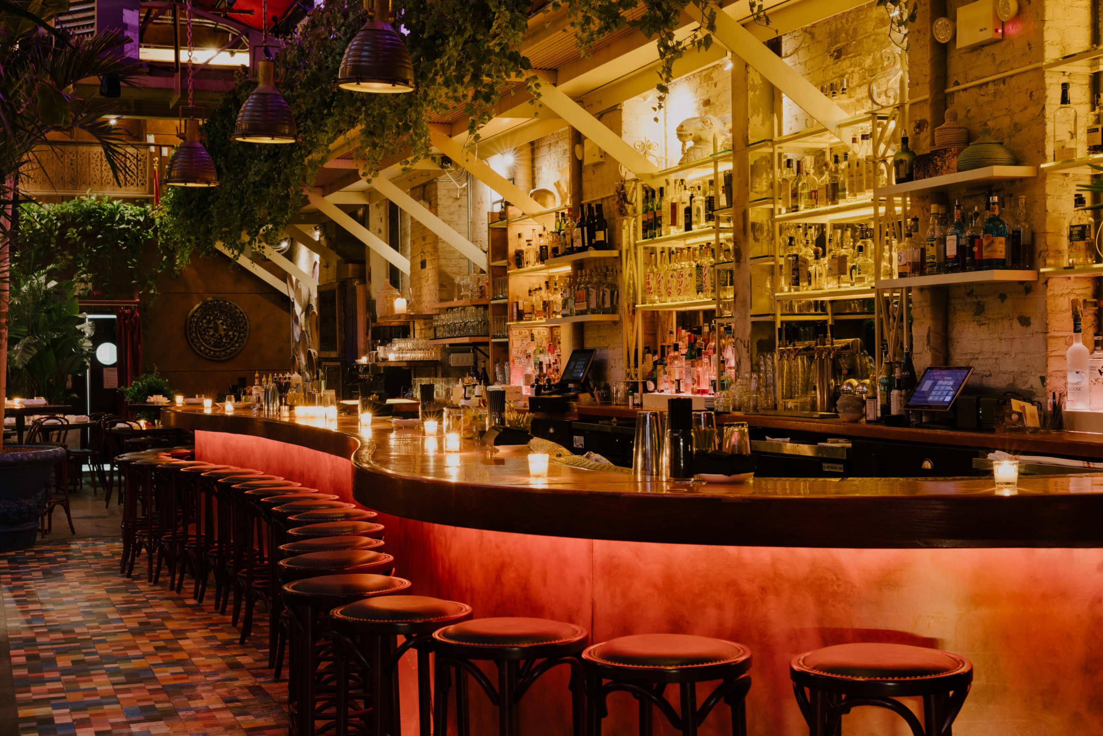 A stylish bar with a curved wooden counter, surrounded by high stools, and illuminated by warm lighting and decorative plants.