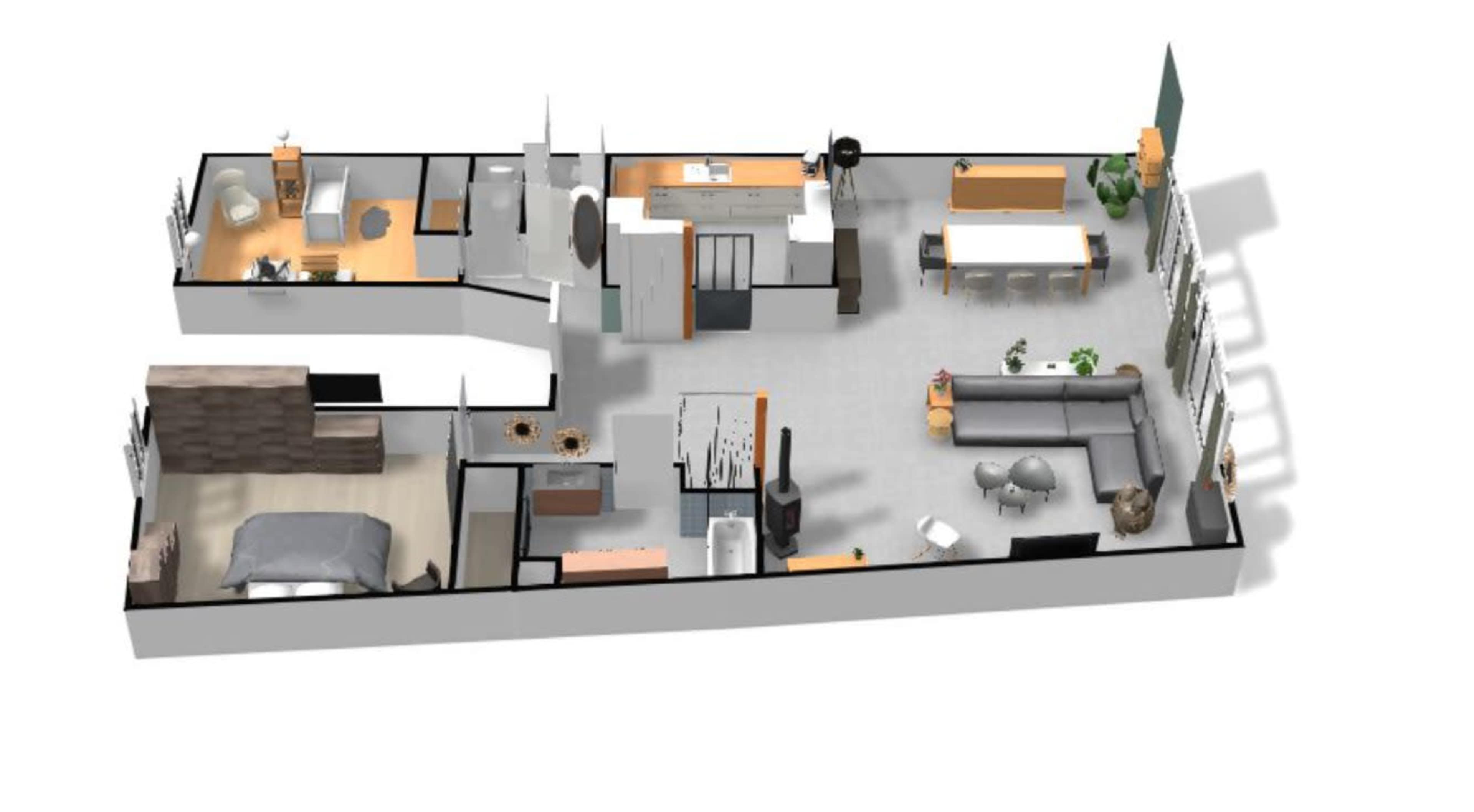 A floor plan of a modern apartment, featuring distinct areas for a living room, dining area, kitchen, and two bedrooms.