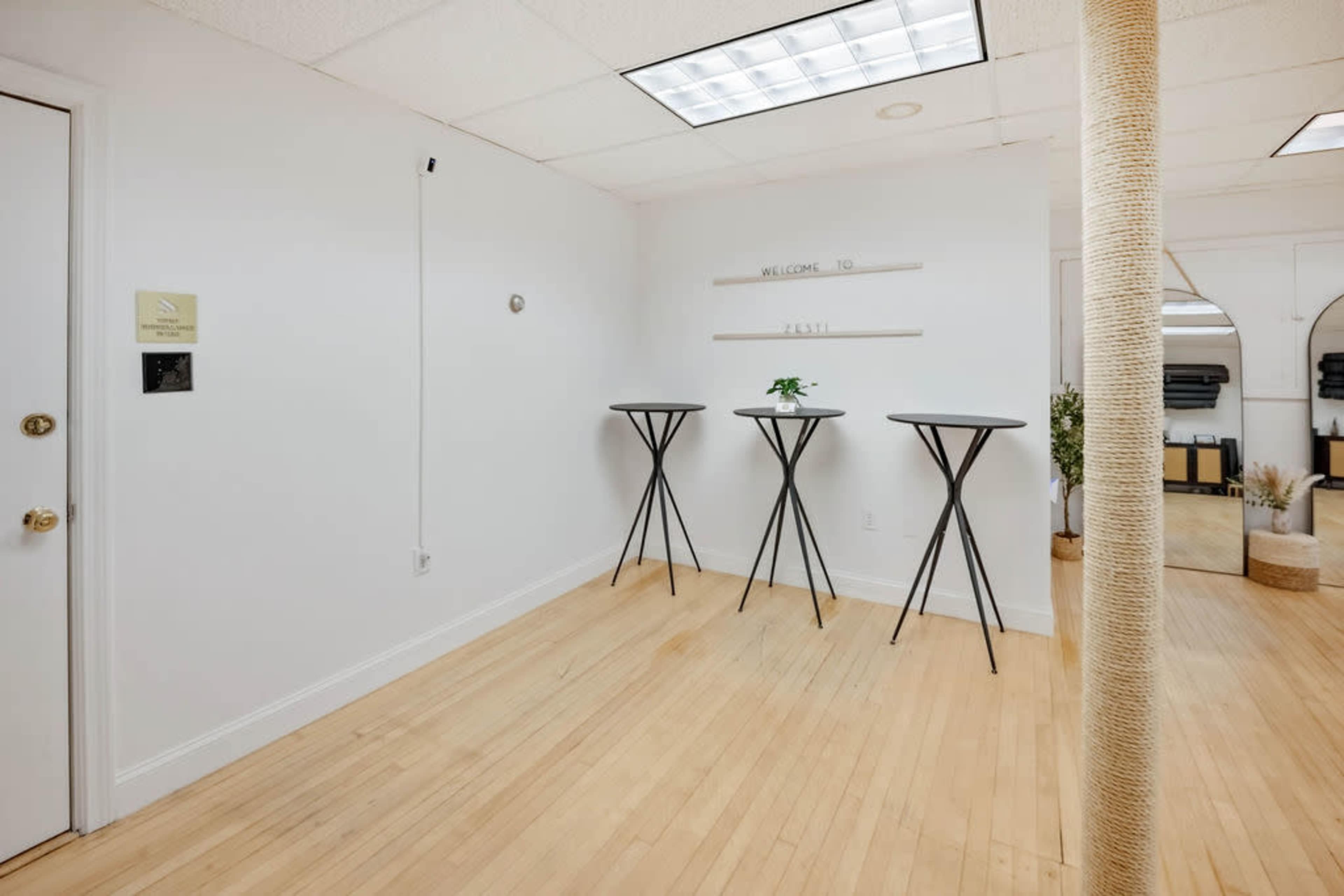The image shows a simple, empty room with three black tables, a plant on one table, and a large mirror against one wall.