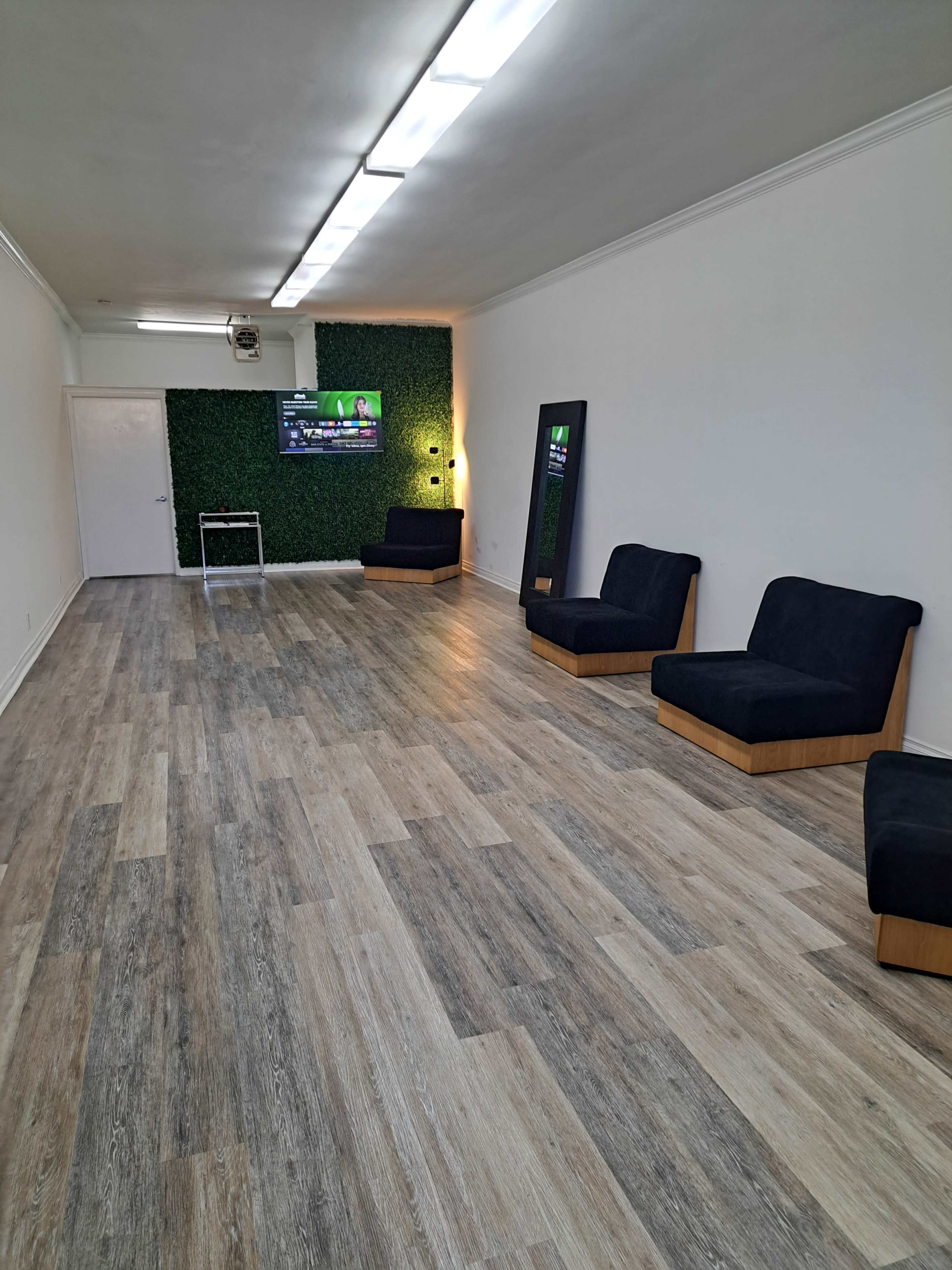 A spacious, minimally furnished room with two black chairs, a large mirror, a TV on the wall, and green plant decor on one side.