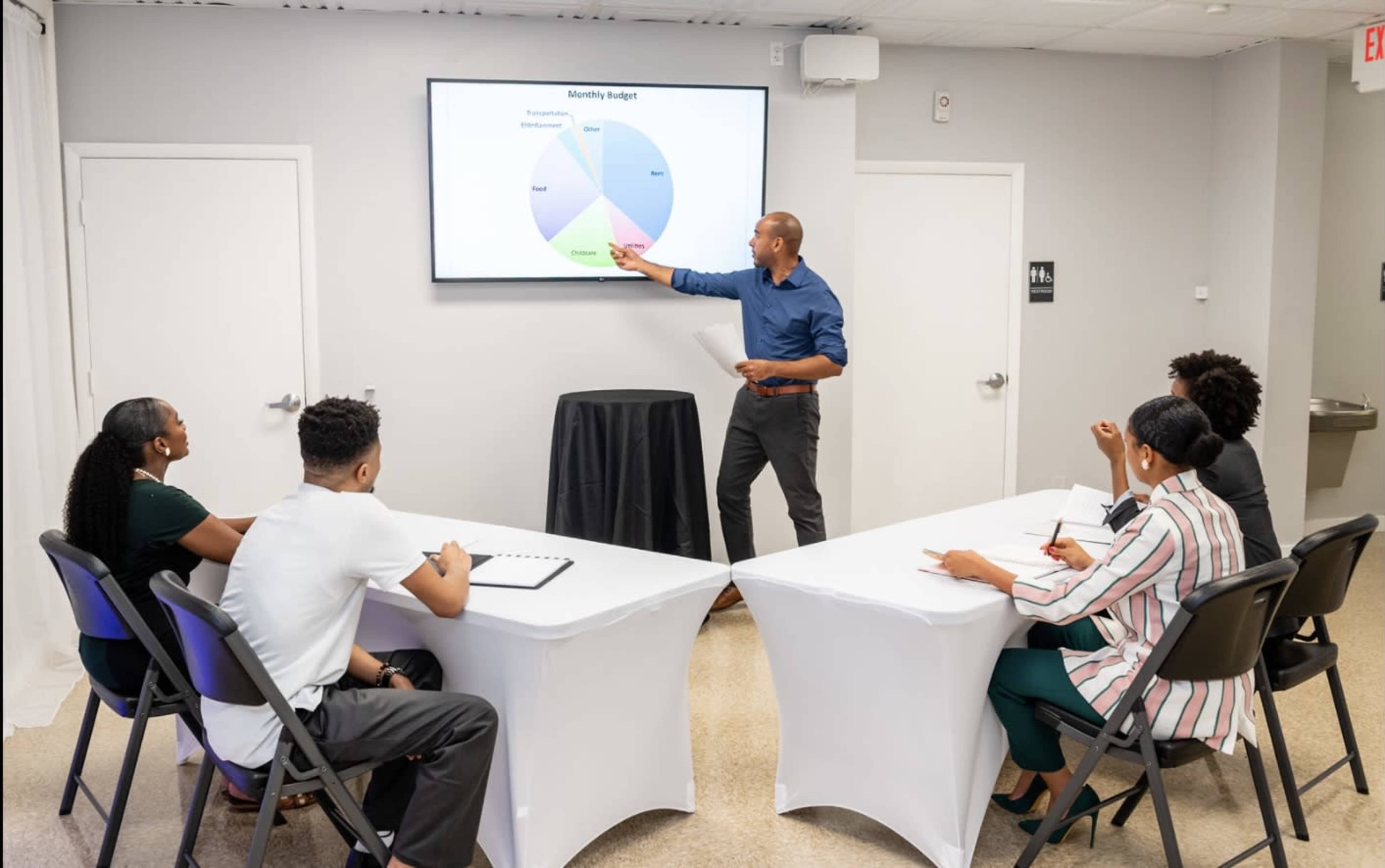 A man presents a pie chart labeled "Monthly Budget" to a group seated at tables in a conference room.