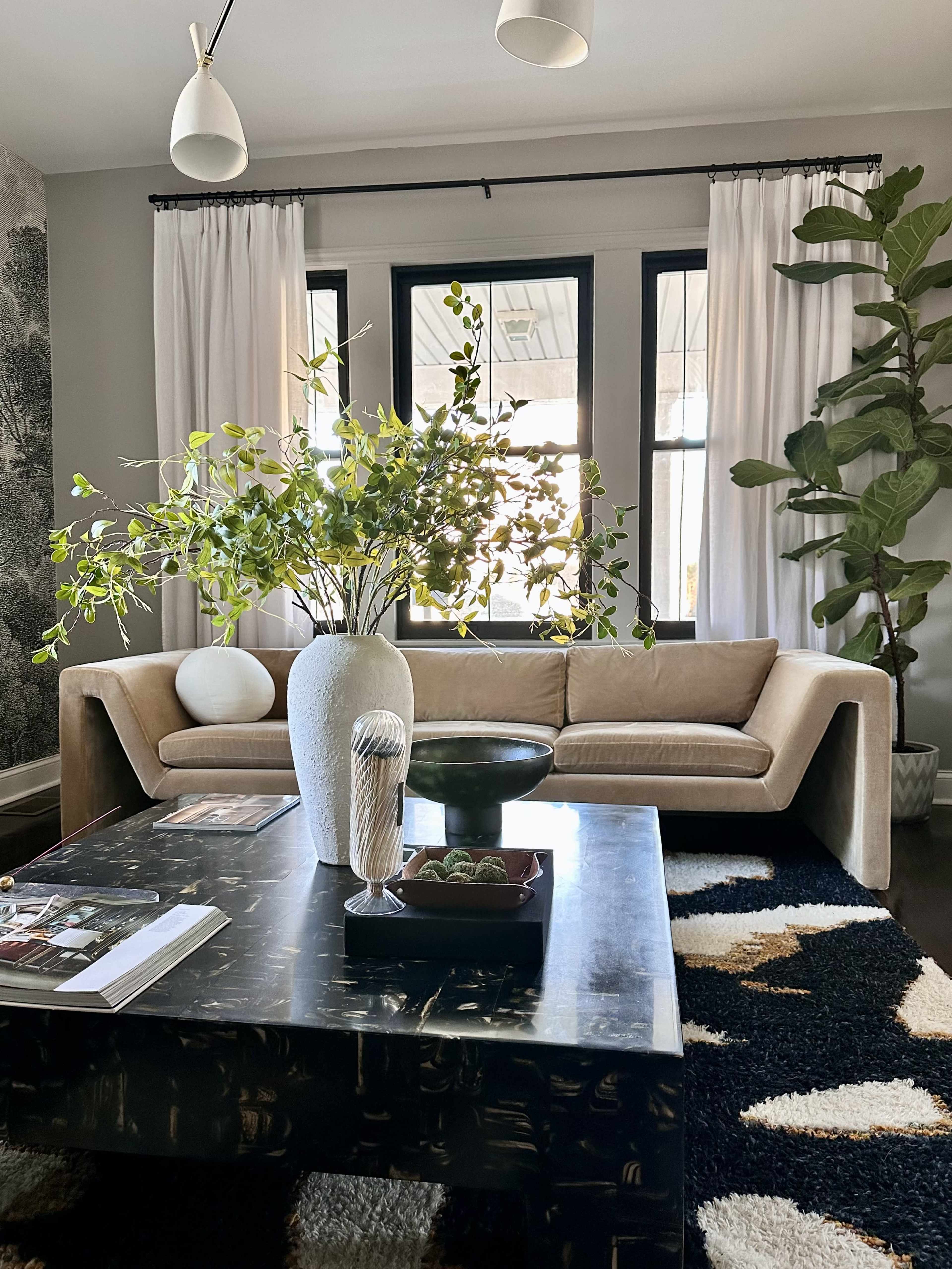 A modern living room features a beige sofa, a dark coffee table, and large windows with flowing white curtains, accented by potted plants and a decorative vase.