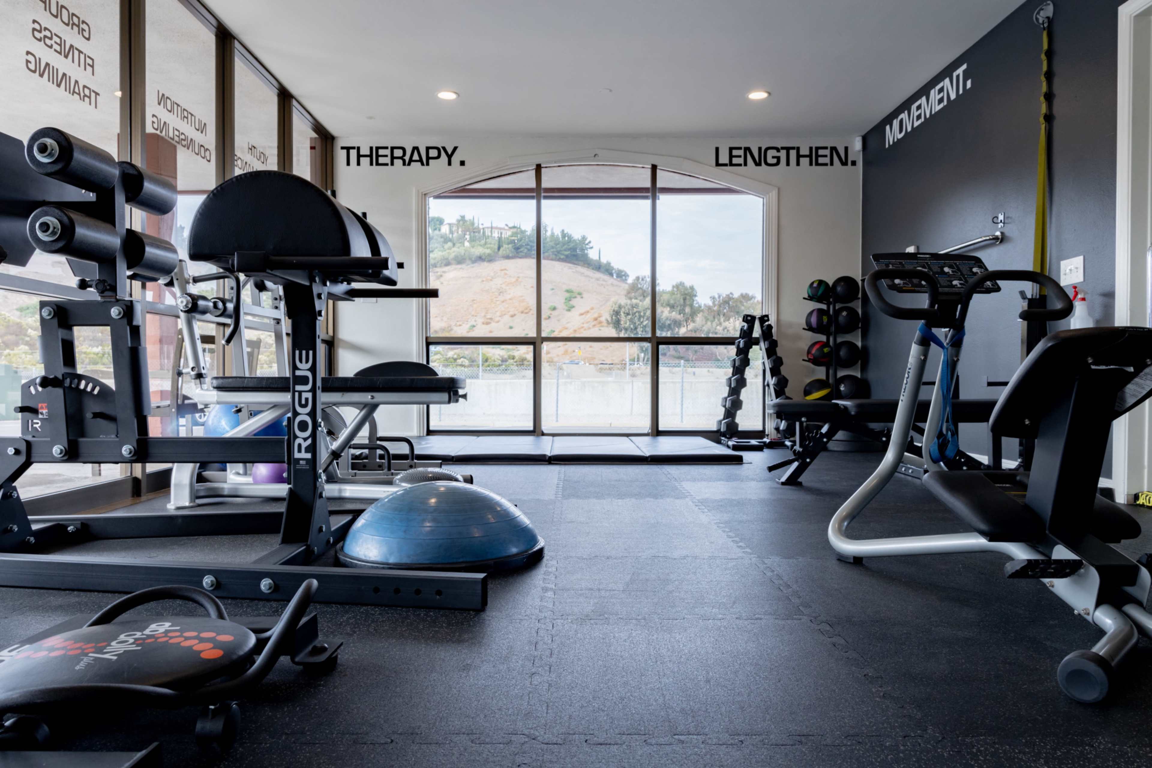 The gym features various fitness equipment, including weights, benches, and exercise balls, with large windows overlooking a hillside.
