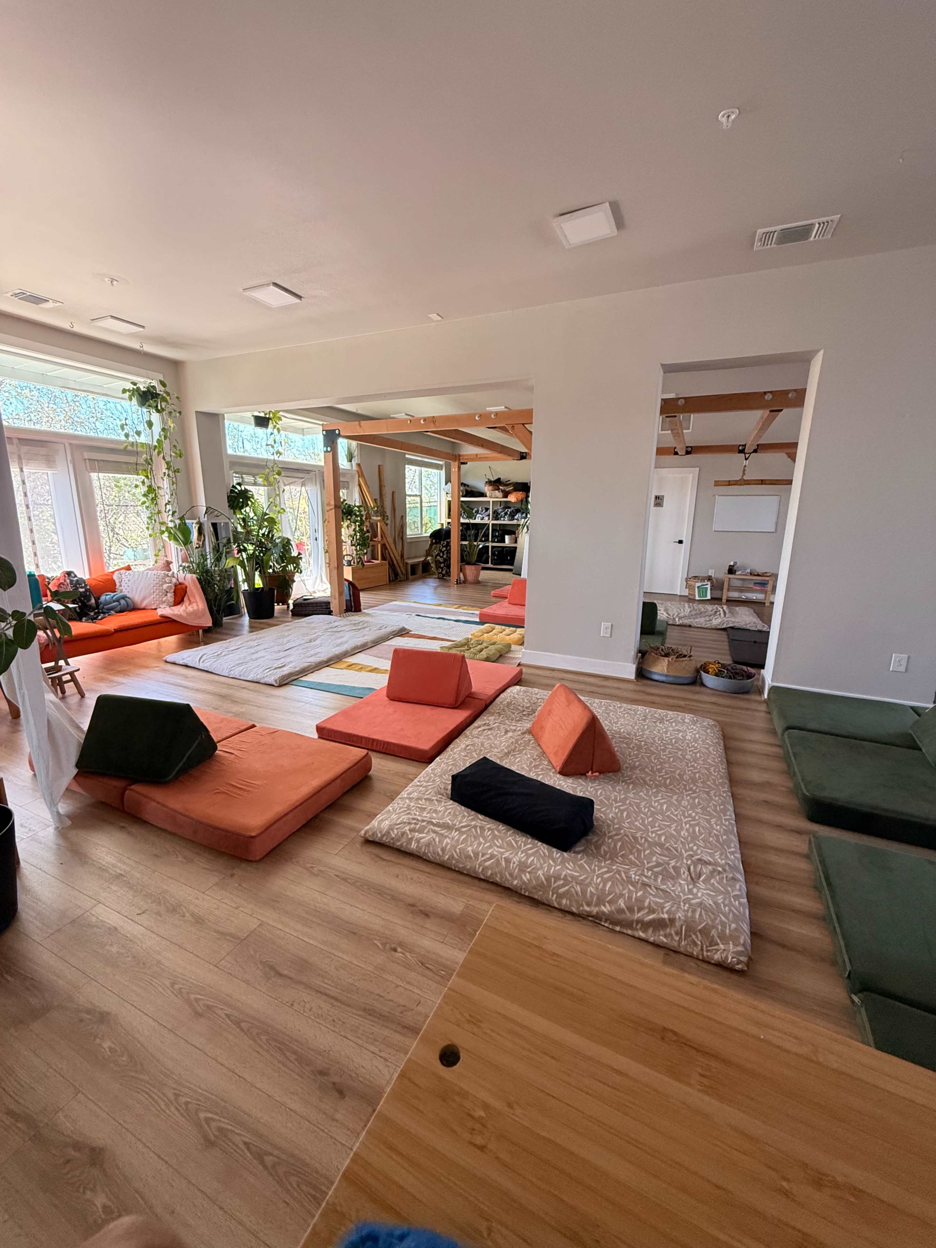 The image shows a spacious room with various floor cushions and mats arranged on a wooden floor, surrounded by plants and large windows providing natural light.