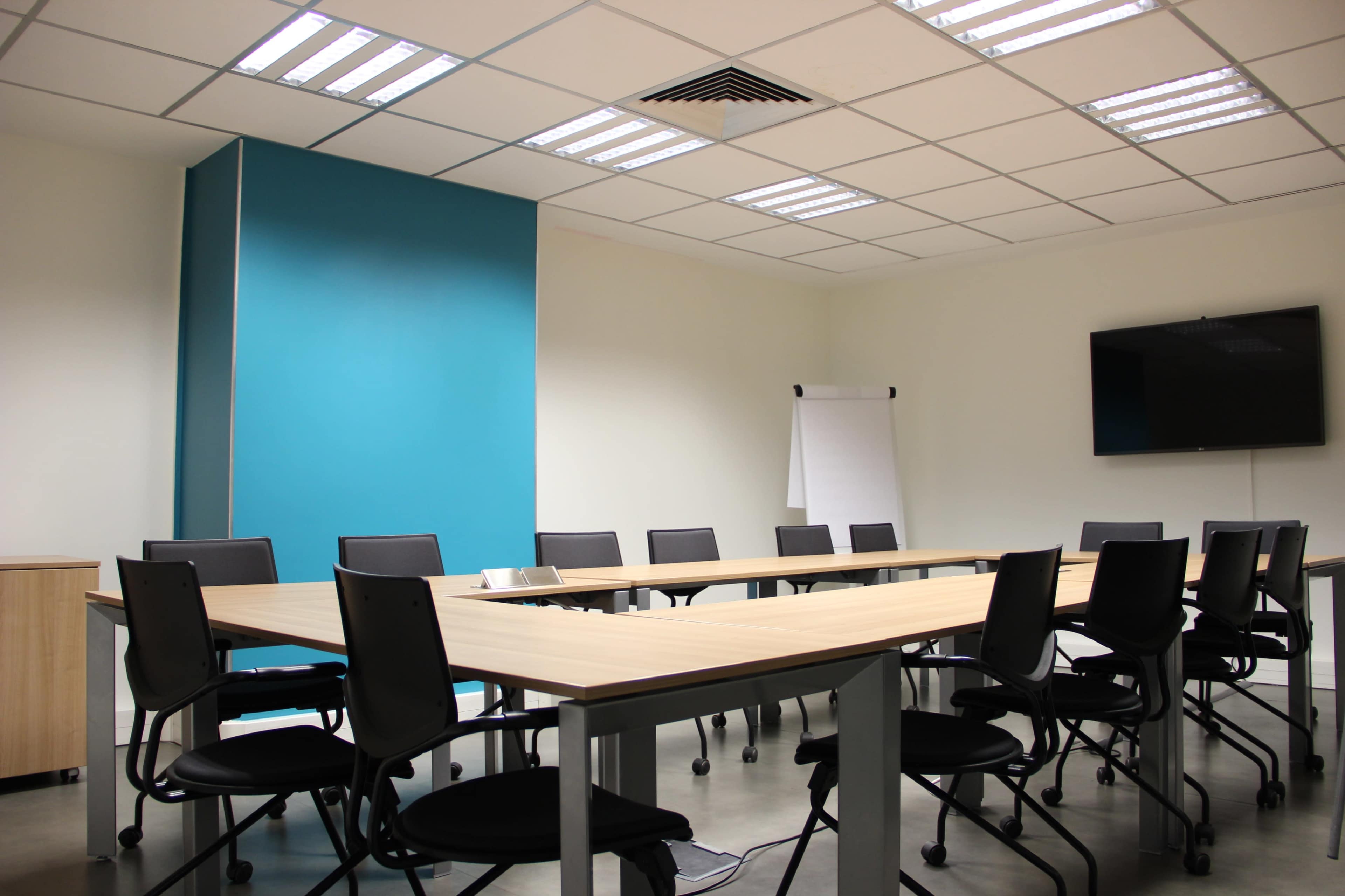 A conference room features a large rectangular table surrounded by rolling chairs, with a blue accent wall and a television mounted on the opposite wall.
