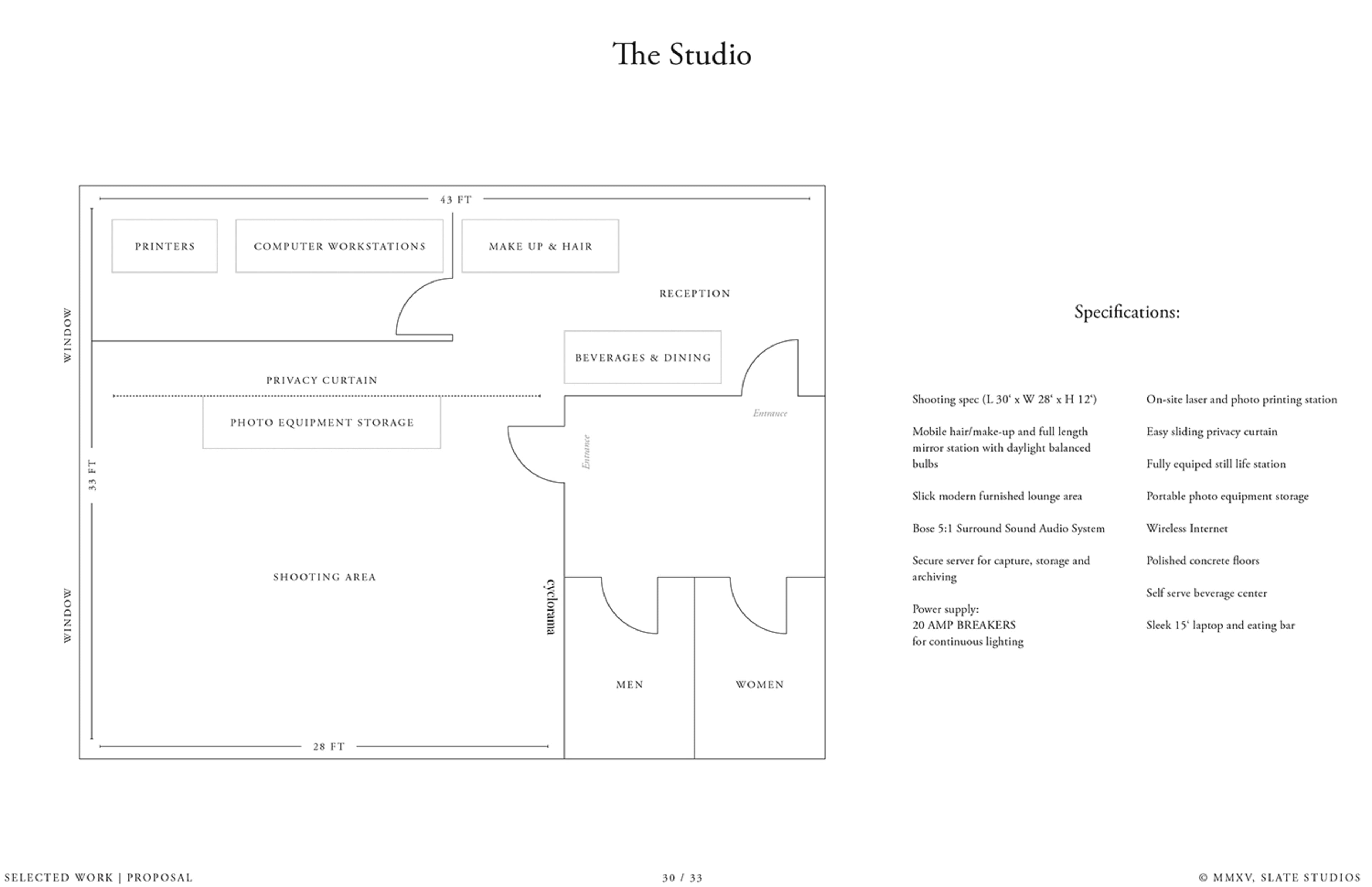 A floor plan of "The Studio," outlining areas such as a shooting space, reception, and restrooms, along with specifications for the layout and equipment.