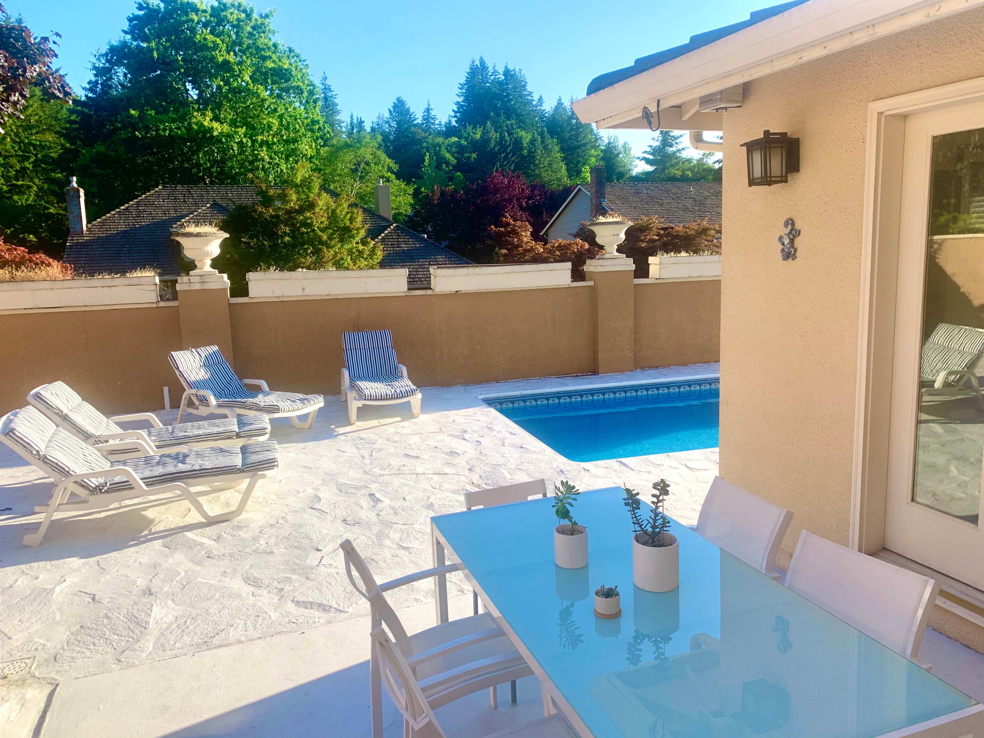 A patio area features a glass-top dining table with chairs, surrounded by lounge chairs and a swimming pool, framed by trees and houses in the background.
