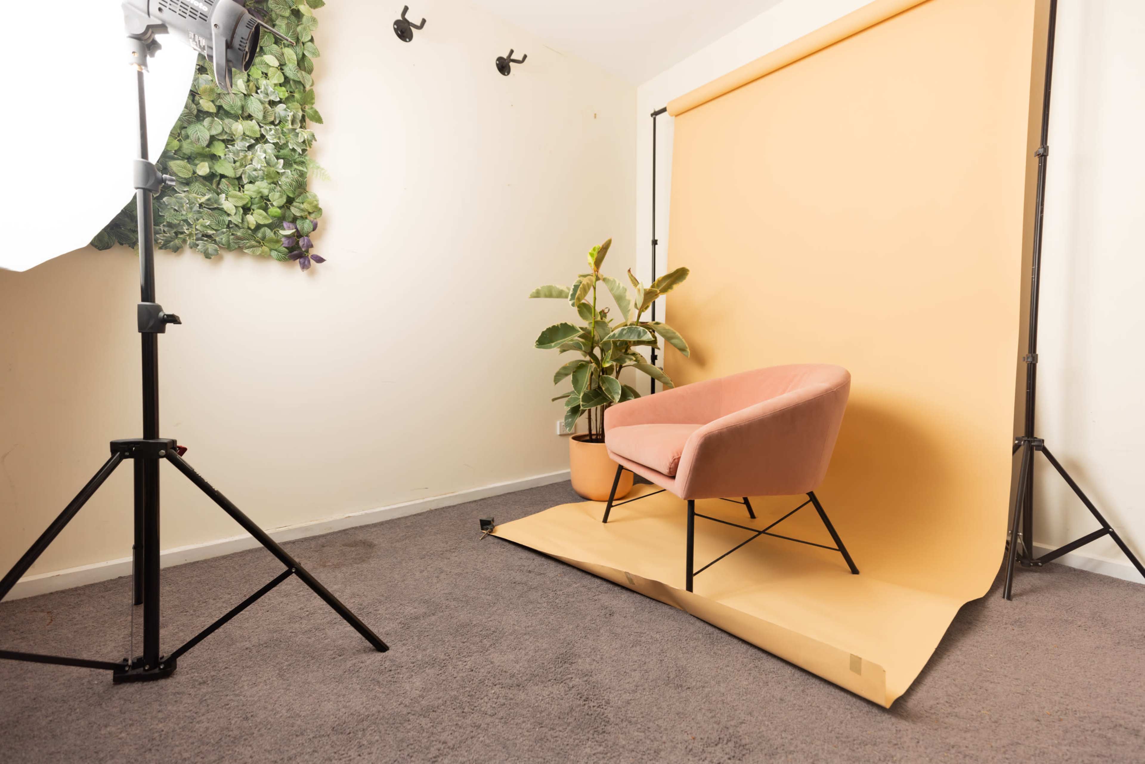 The image shows a well-lit studio space with a pink armchair and a potted plant against a yellow backdrop.