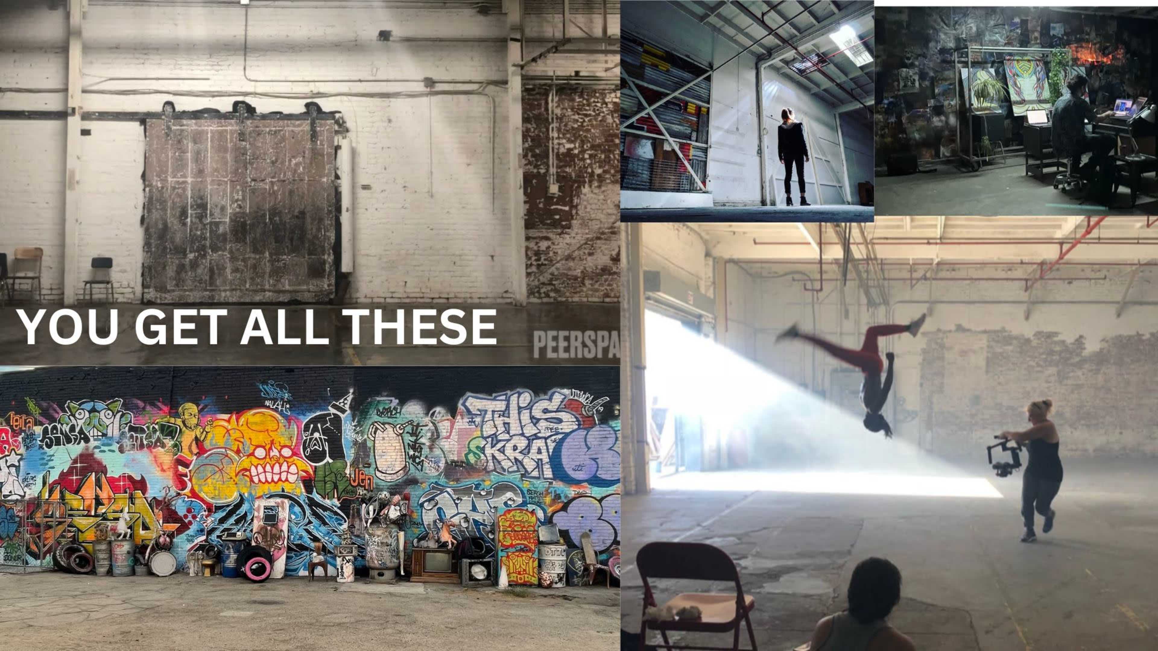 A large, industrial space with vibrant street art on one wall, various scenes of people engaged in creative activities, and contrasting areas featuring urban decay.