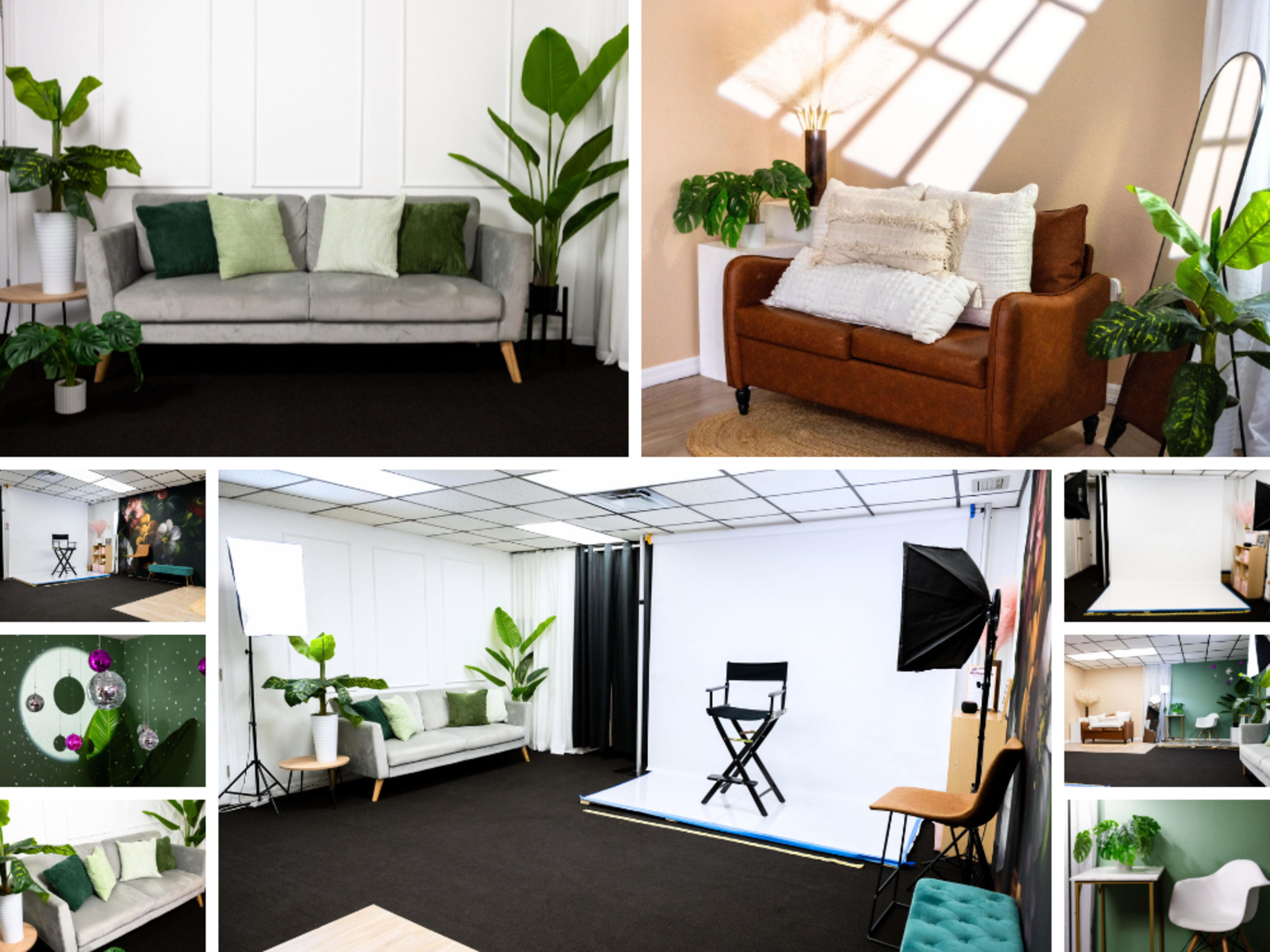 The image showcases a collection of styled interior scenes featuring sofas, plants, and photography backdrops in various arrangements and lighting conditions.