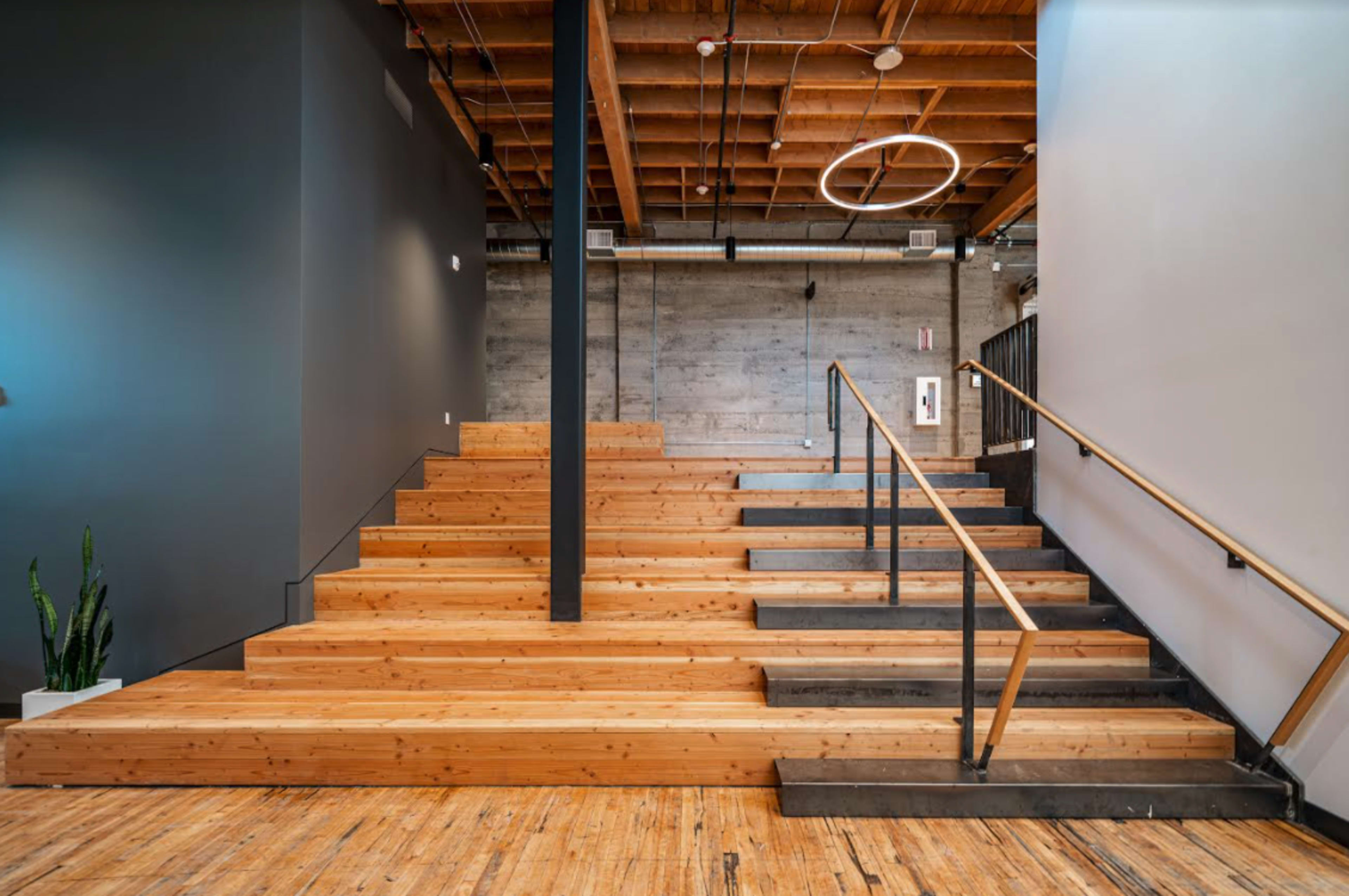 A modern interior space featuring a wooden staircase with a black railing, leading up to a second level, alongside a potted plant against a gray wall.
