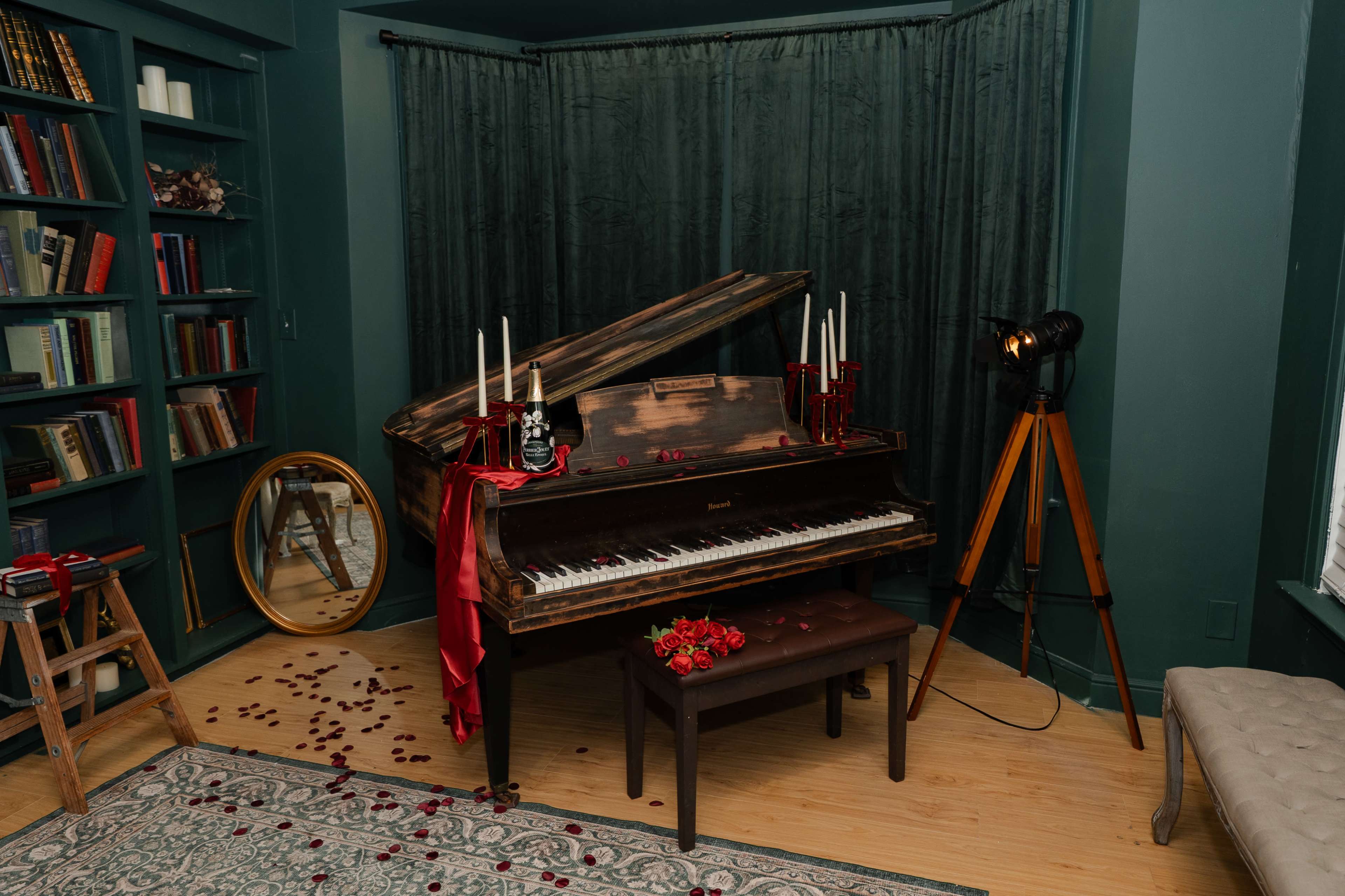 Natural Light Studio with Backdrop, Piano, and Bookshelf for Photo & Video Image in Peak's Suburban Addition, Dallas, TX