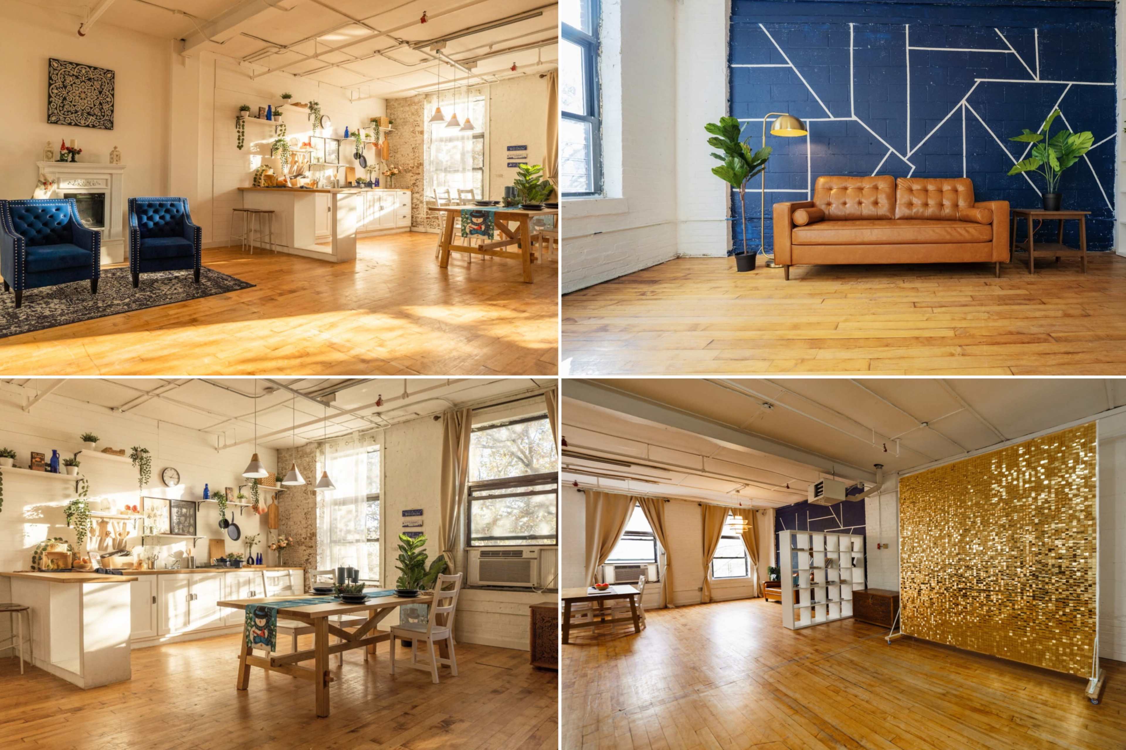 A modern, open-concept workspace featuring a kitchen area, a cozy seating area, and a decorative wall with geometric patterns.