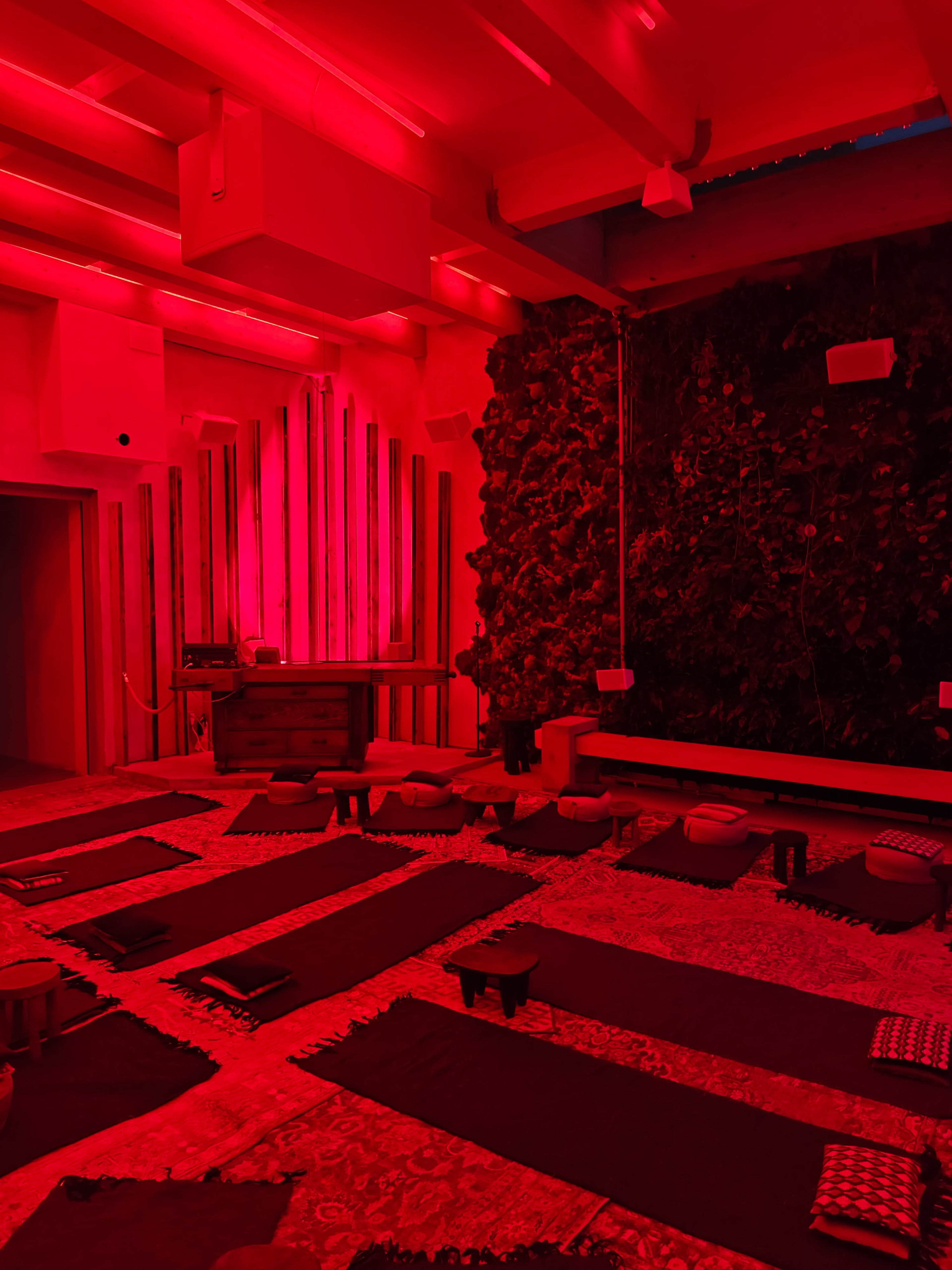 The image shows a dimly lit room with red lighting, featuring a series of mats arranged on the floor against a wall with greenery.