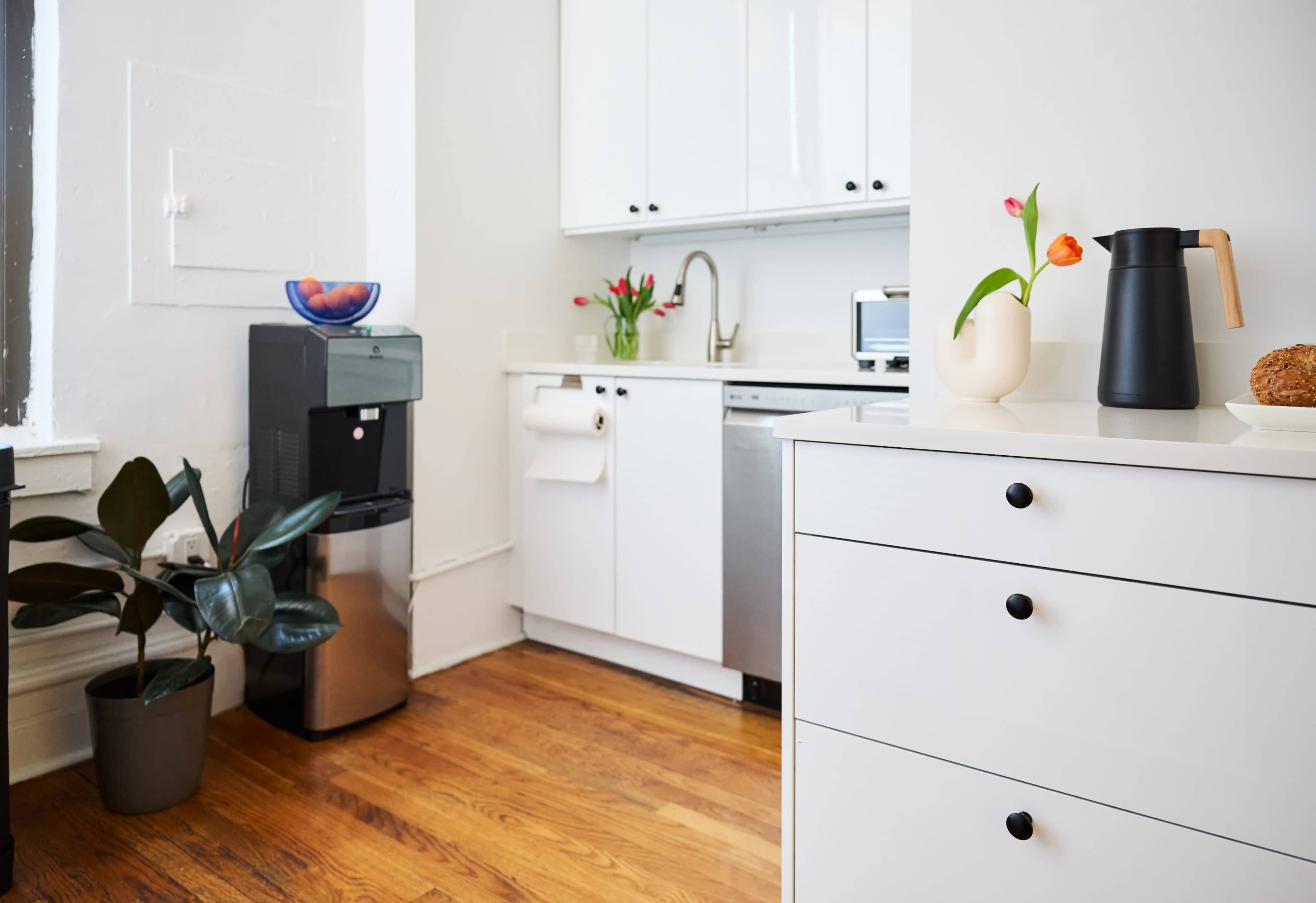 A modern kitchen features white cabinetry, a sink, and a stainless steel dishwasher, with a water cooler and decorative plants in the corner.