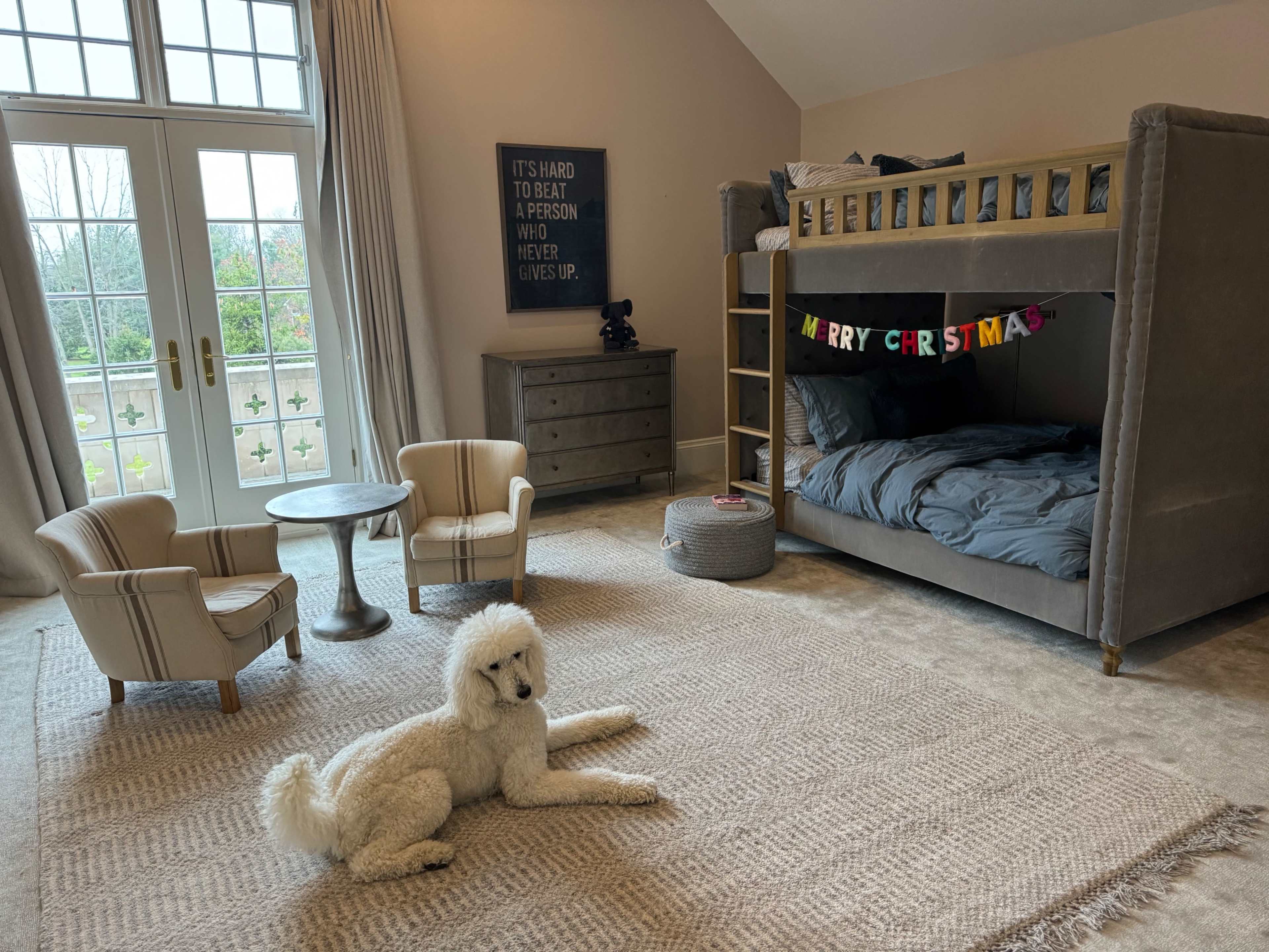 A spacious bedroom features a bunk bed, a small table with two chairs, a dresser, and a large rug, along with a poodle resting on the floor.