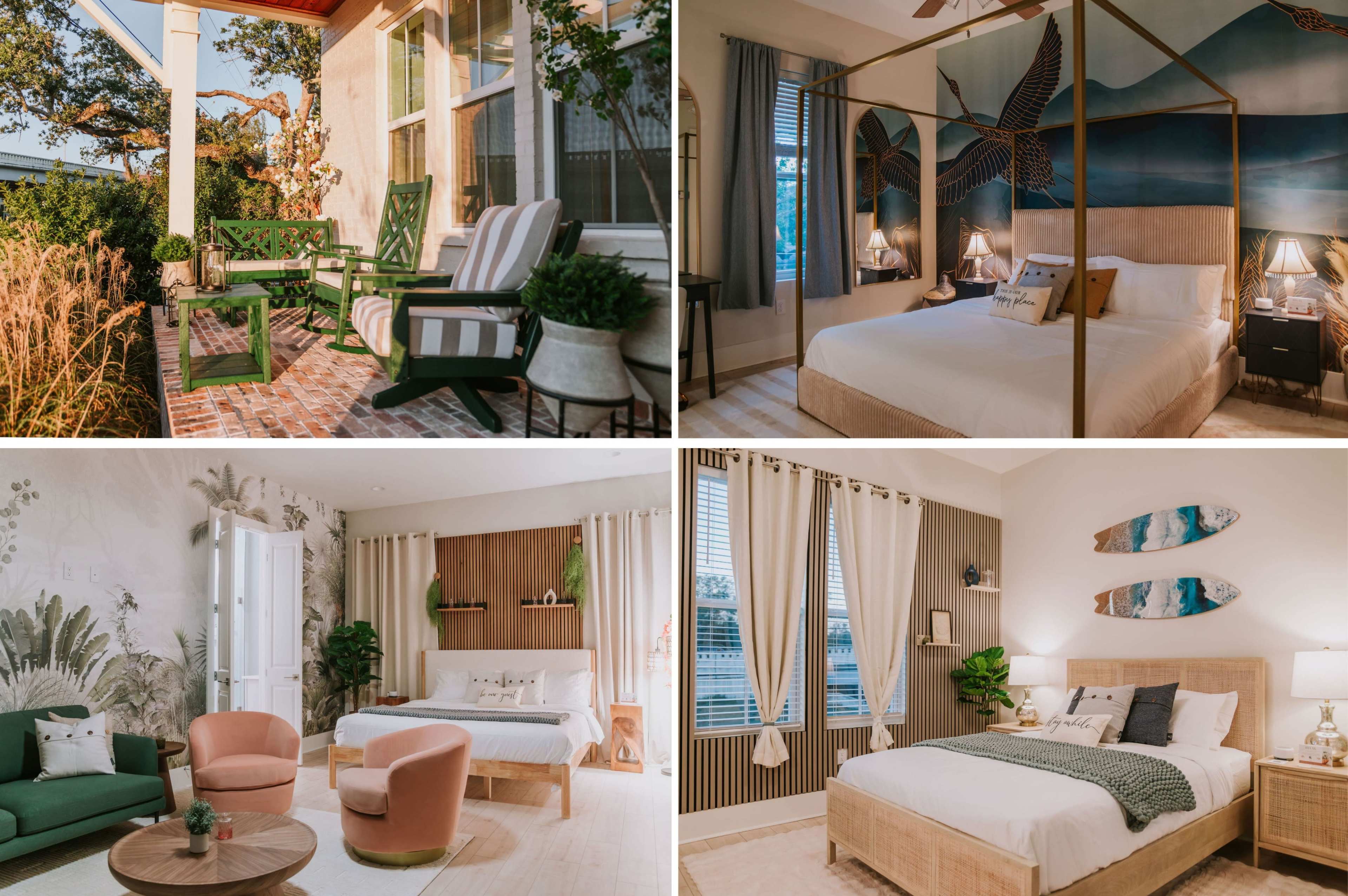 The image features four interior and exterior scenes: a cozy porch with green rocking chairs, two stylish bedrooms with various decorative elements, and a living area with modern furniture.