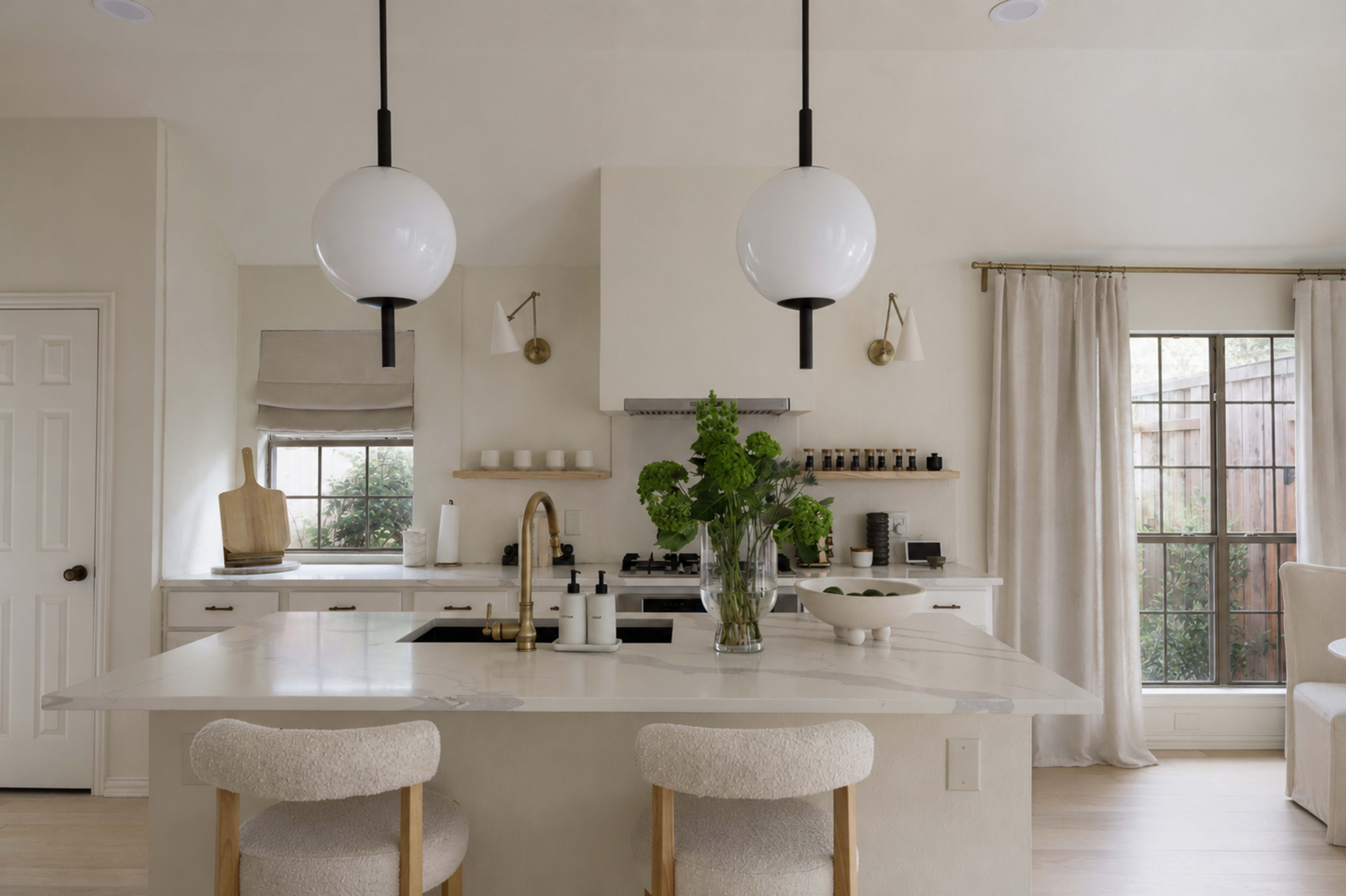 The image shows a modern kitchen featuring a large island with a marble countertop, two pendant lights hanging above, and a vase of green foliage on the counter.