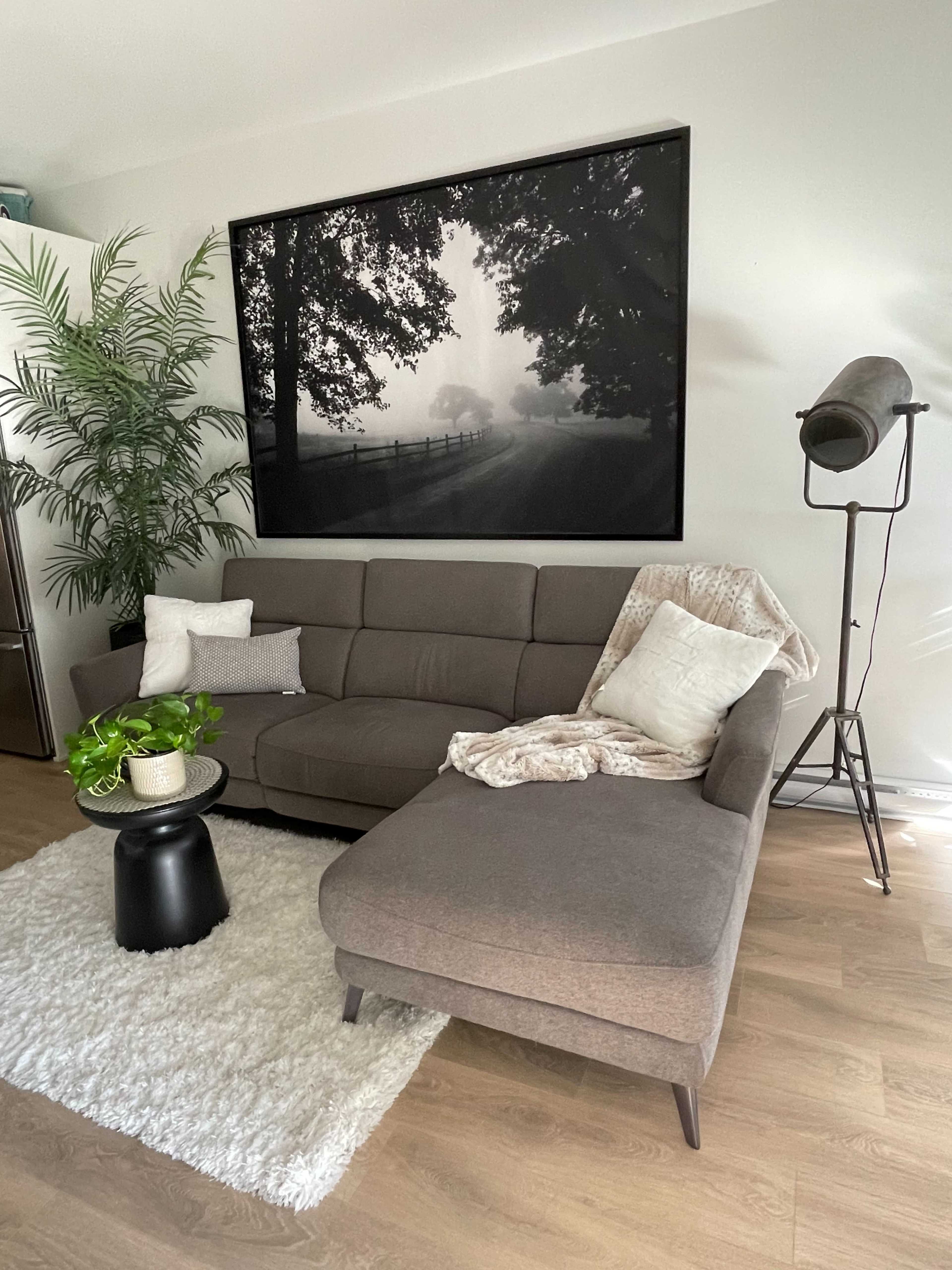 A modern living room features a gray sectional sofa, a black side table, and a large black and white photograph of a misty landscape on the wall.