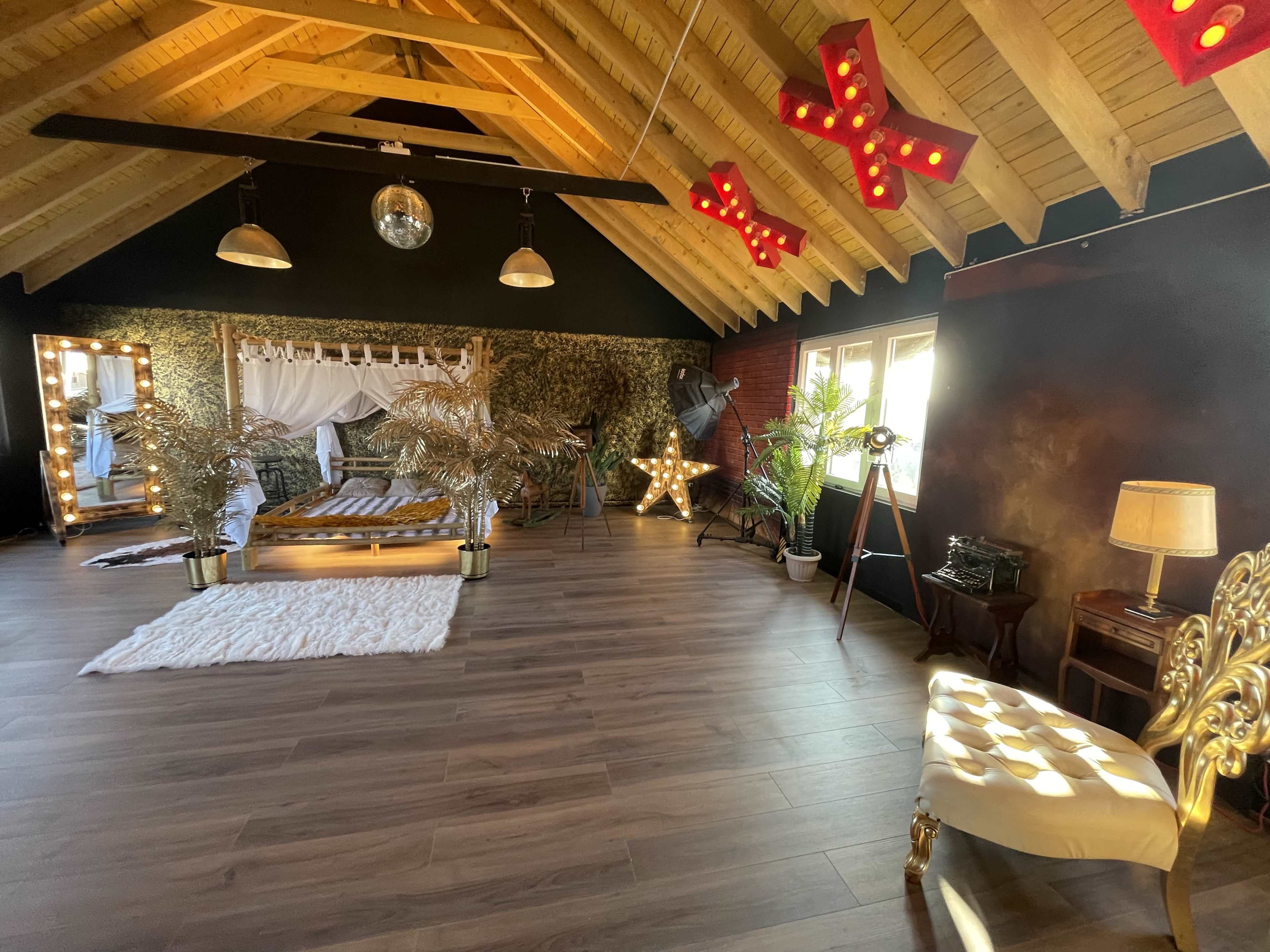 The room features a spacious layout with wooden beams, a decorative bed, plants, and illuminated star-shaped accents.