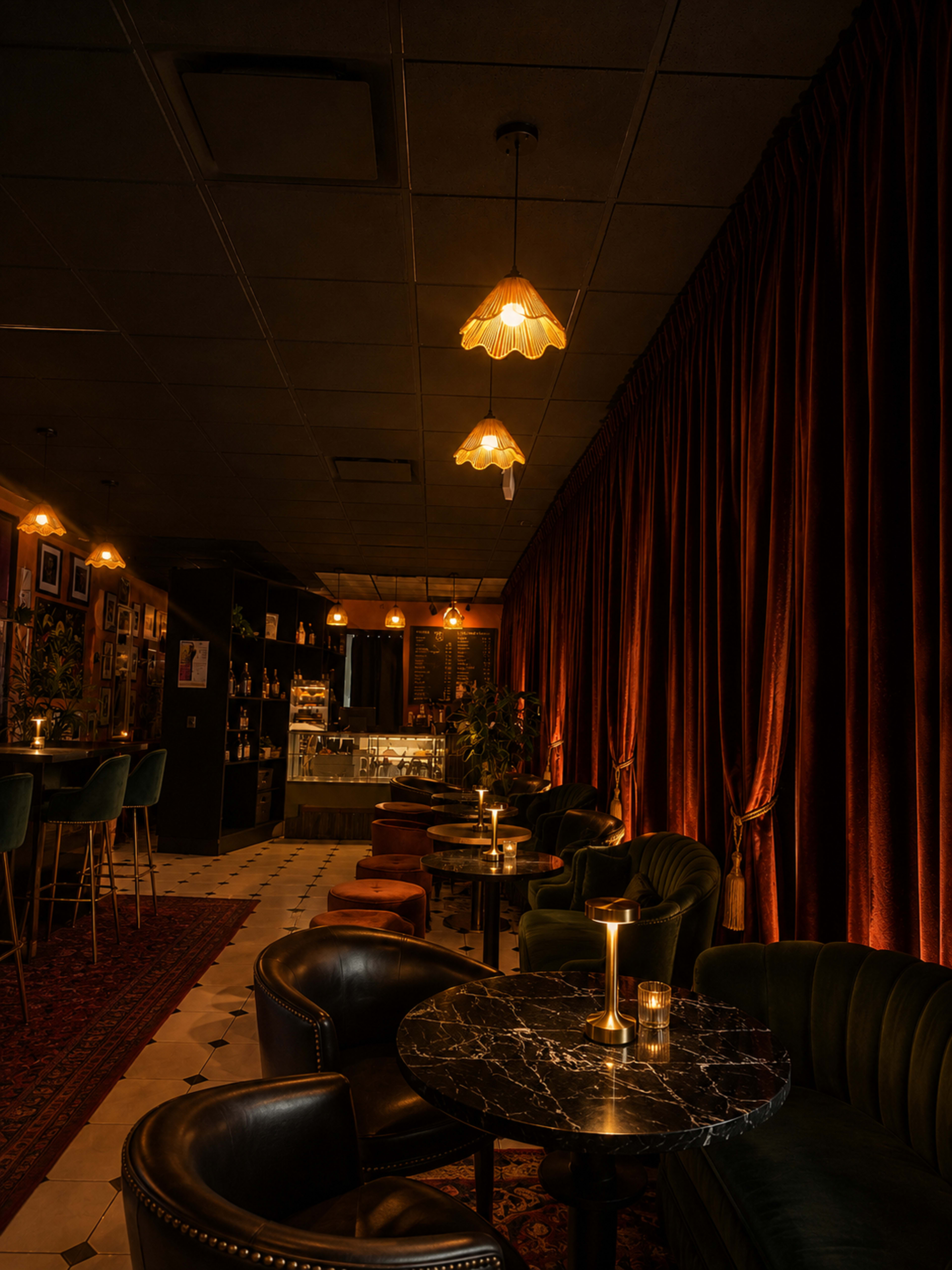 The image shows a dimly lit bar area with dark velvet curtains, elegant seating, and illuminated pendant lights hanging above marble tables.